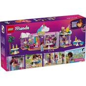 LEGO Friends Unikornisos kávézó doboz hátoldala, játékjelenetekkel, belső terekkel és kiegészítőkkel