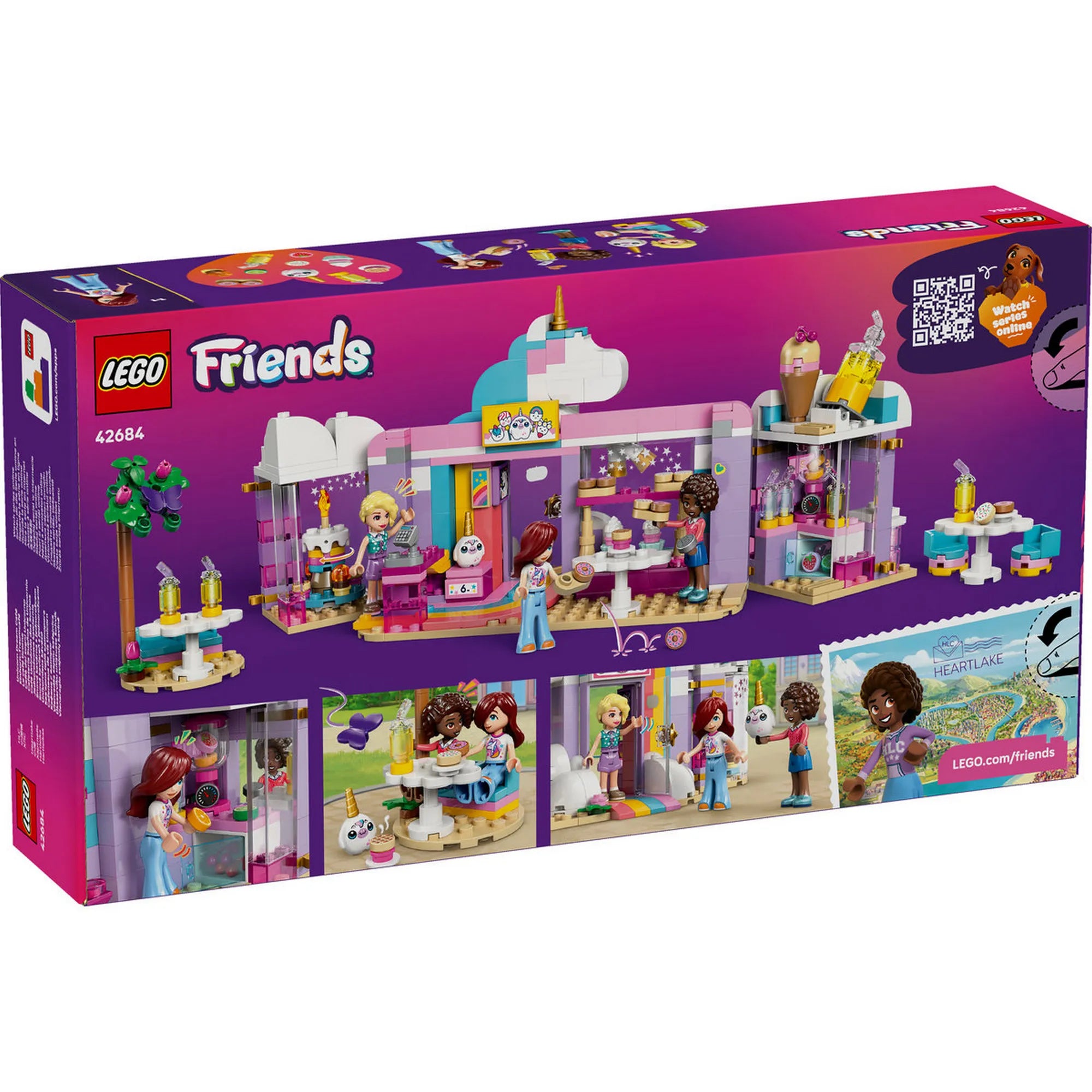 LEGO Friends Unikornisos kávézó doboz hátoldala, játékjelenetekkel, belső terekkel és kiegészítőkkel