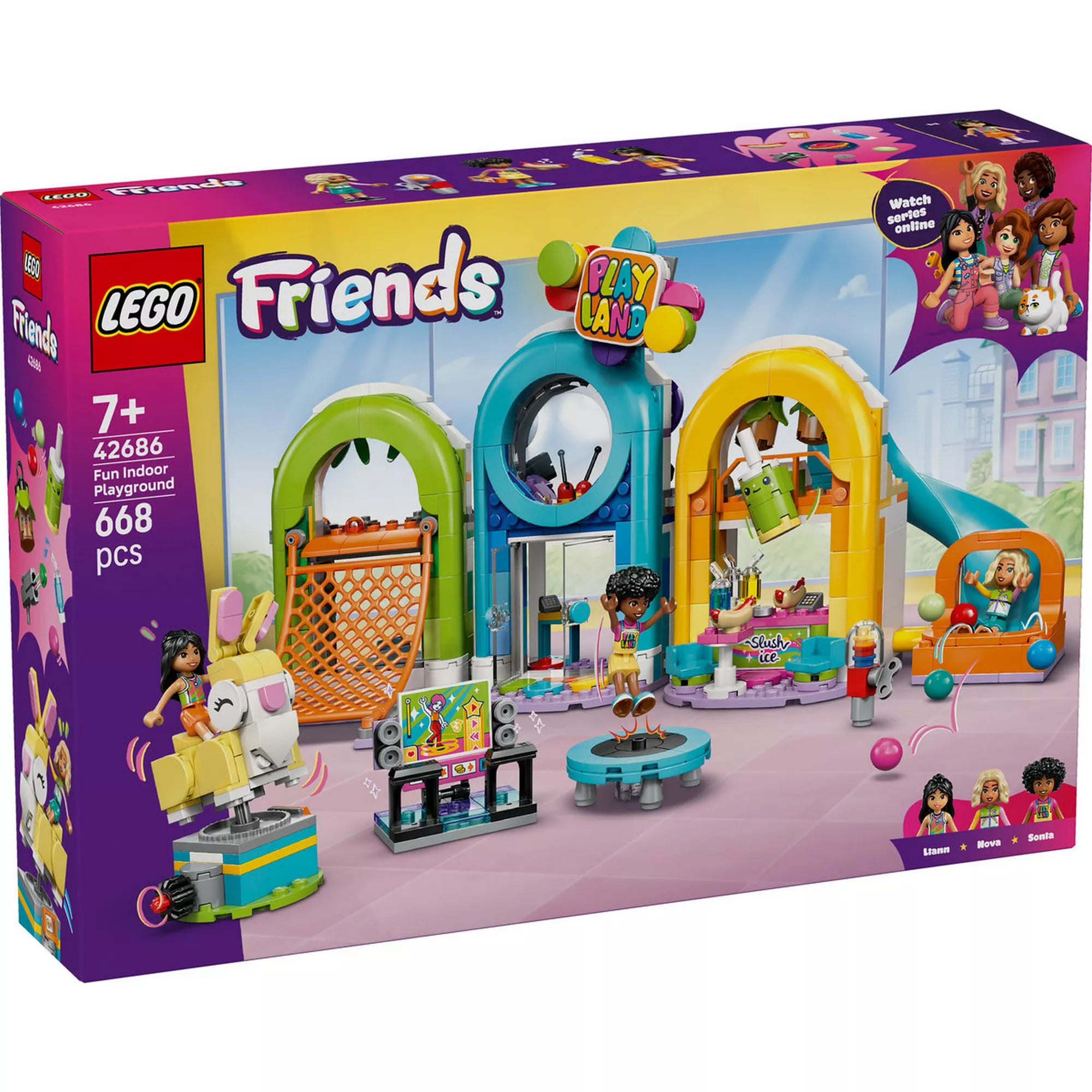 LEGO Friends Beltéri játszótér (42686) készlet dobozának eleje, színes beltéri játszótérrel, csúszdával, akadálypályával, snack bárral és 3 minibabafigurával.