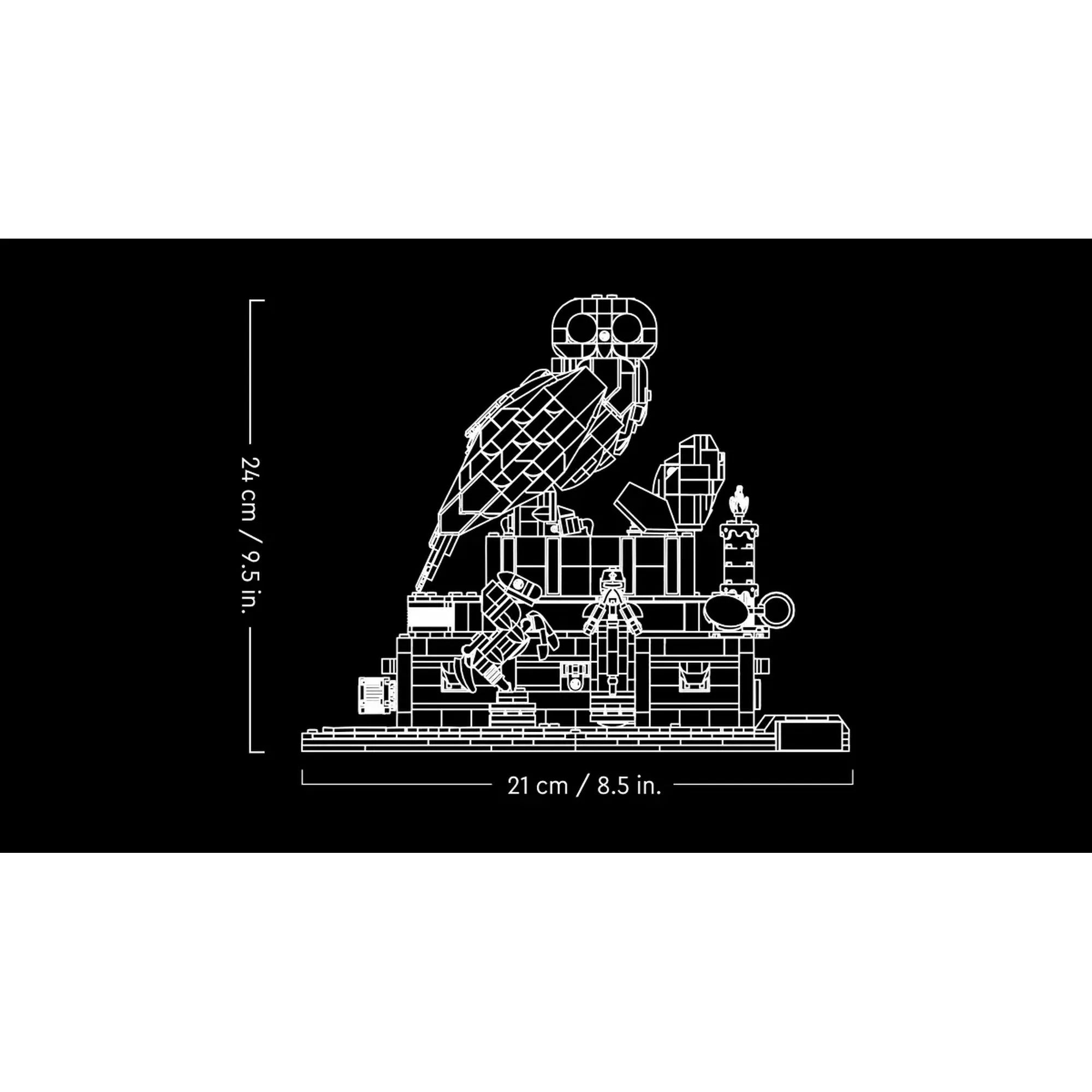 LEGO Harry Potter: A bölcsek köve, gyűjtői kiadás 76466, 1571 darabos – Méretrajz, a készlet magasságának és szélességének bemutatásával.