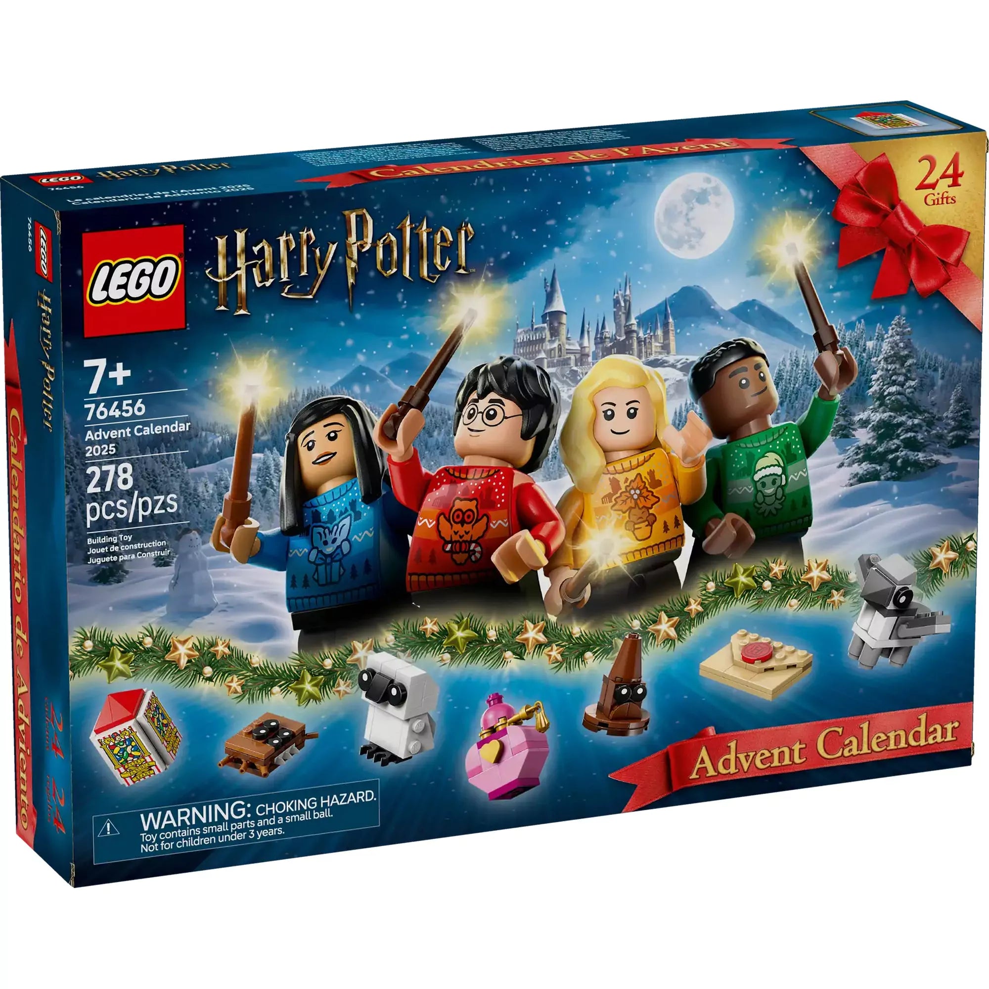 LEGO Harry Potter Adventi naptár 2025 (76456) doboz előlnézetben, téli Roxfort háttérrel, 4 minifigurával ünnepi pulóverben, varázspálcával és miniépítményekkel.