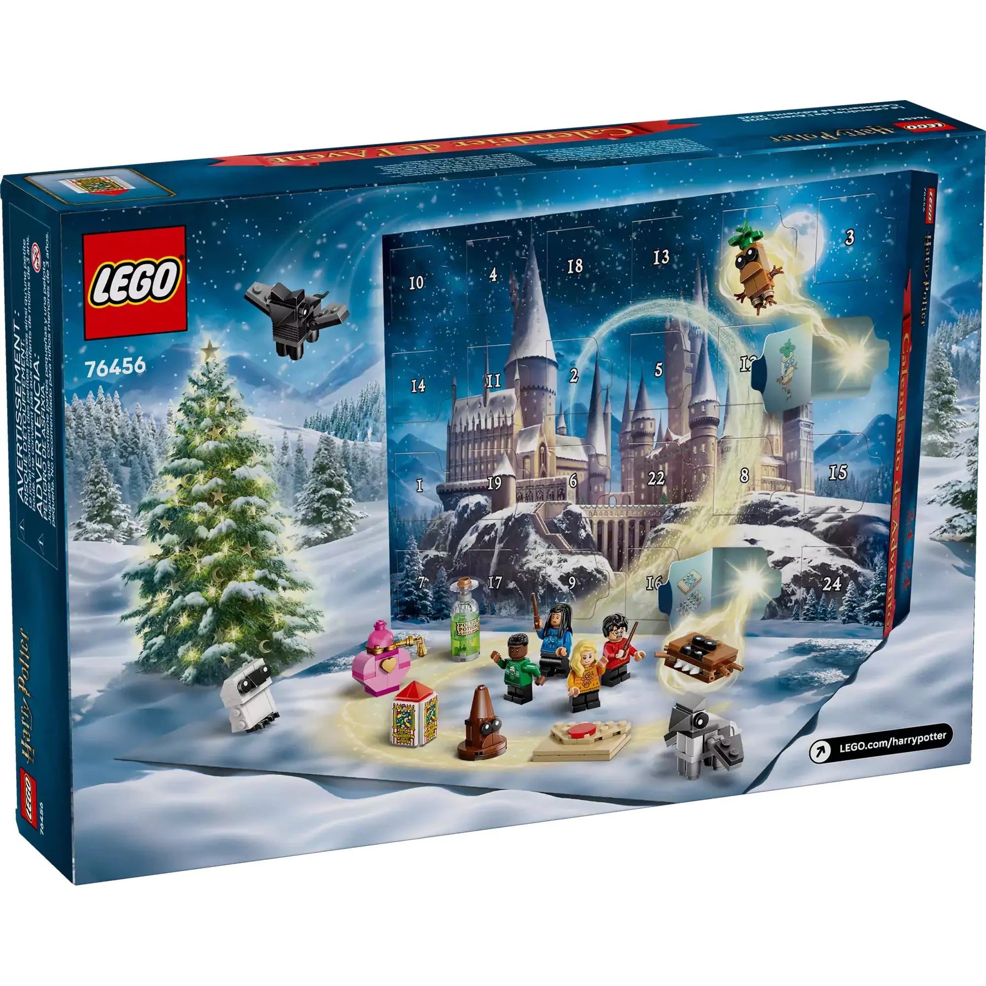 LEGO Harry Potter Adventi naptár 2025 (76456) doboz hátoldala, amely bemutatja a naptár nyitható ablakait, varázslatos figurákat és ünnepi miniépítményeket.