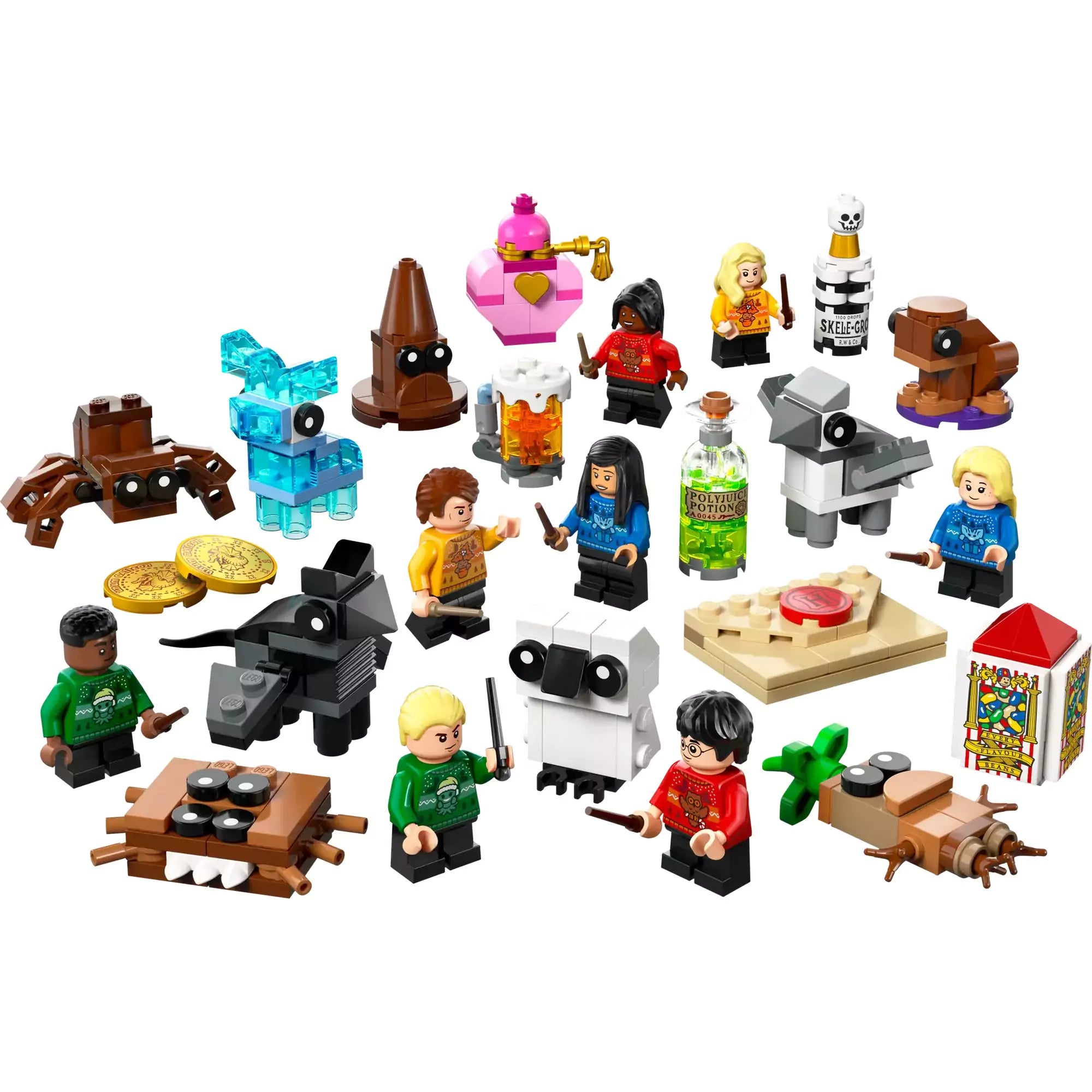 A LEGO Harry Potter Adventi naptár 2025 teljes tartalma: 8 minifigura, Csikócsőr, Aragog, patrónus szarvas, thesztrál, Hedwig, mandragóra és ünnepi miniépítmények.