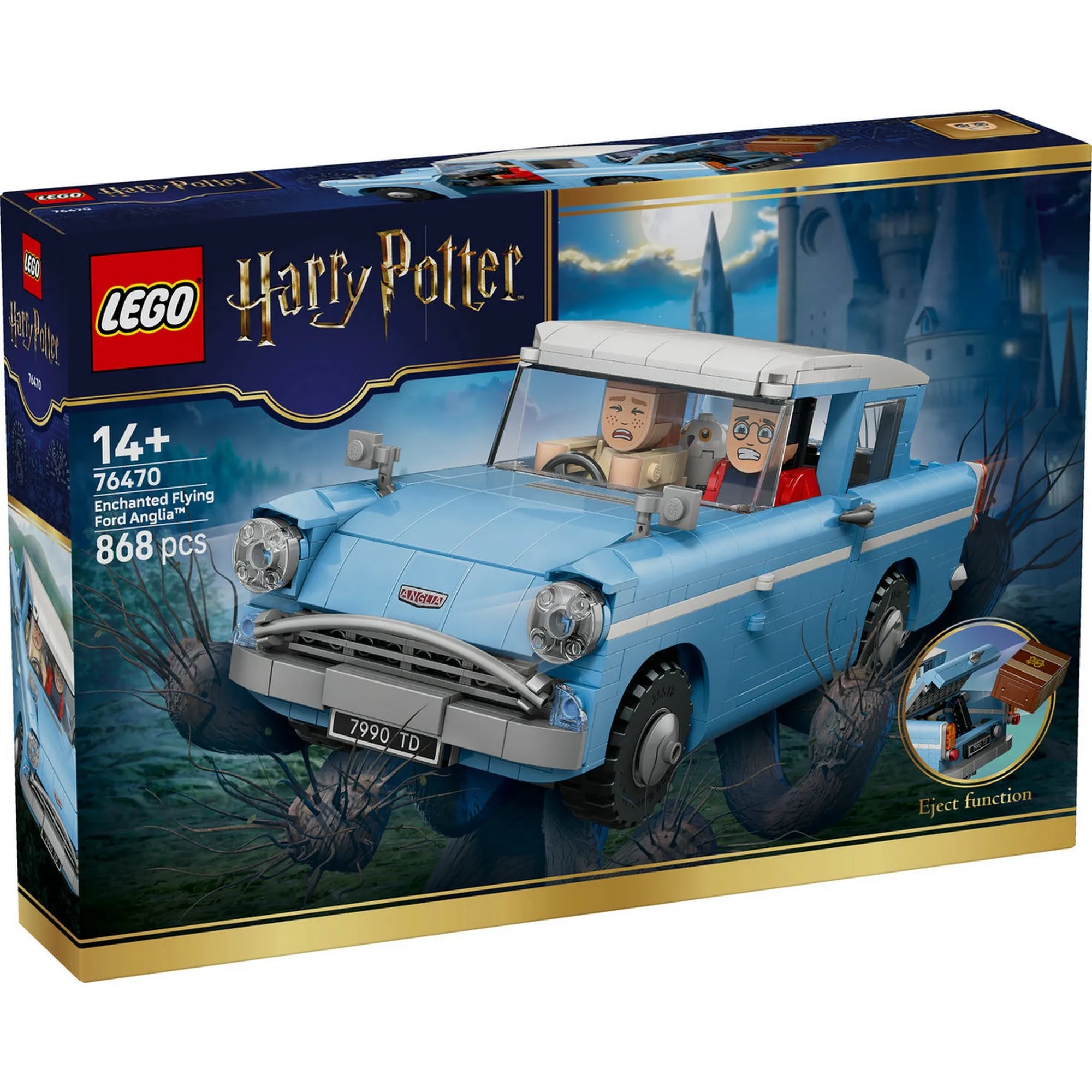 LEGO Harry Potter Enchanted Flying Ford Anglia 76470 – A készlet dobozképe, repülő kék Ford Anglia autóval és minifigurákkal az erdő felett.