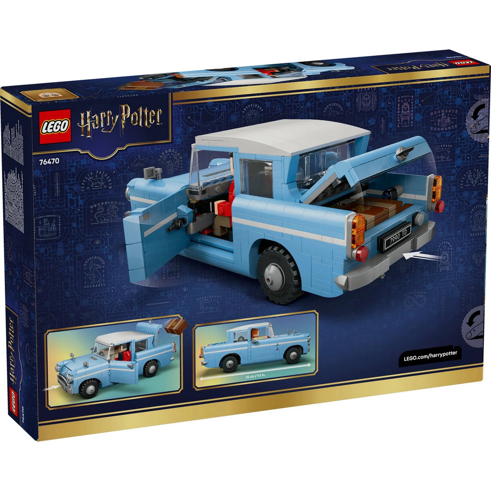 LEGO Harry Potter Enchanted Flying Ford Anglia 76470 – A doboz hátoldala, nyitható ajtókkal, csomagtartóval és a kilökő funkció bemutatásával.
