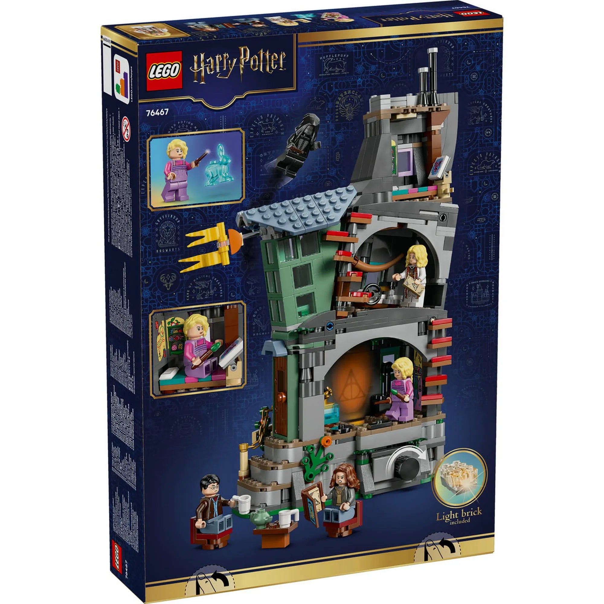 LEGO Harry Potter Luna Lovegood háza (76467) – a doboz hátoldala, a nyitható belső terek és játékfunkciók bemutatásával.