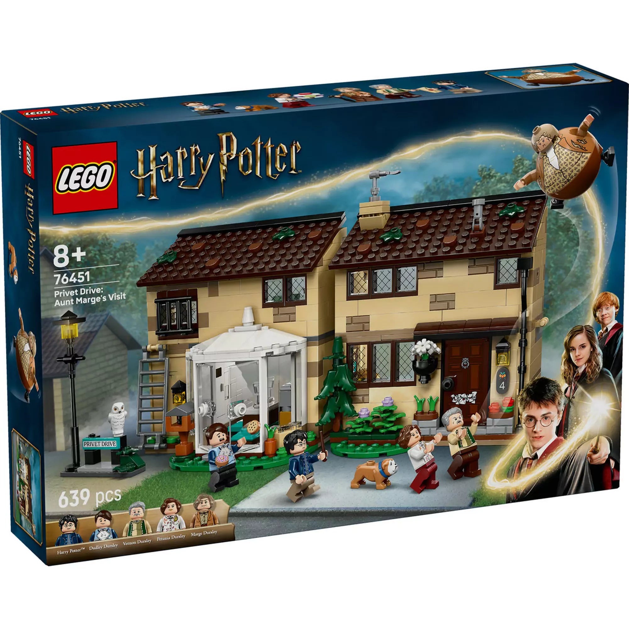 LEGO Harry Potter: Marge néni látogatása a Privet Drive-on (76451) – a doboz eleje, a Dursley-ház, minifigurák és varázslatos jelenet látható.