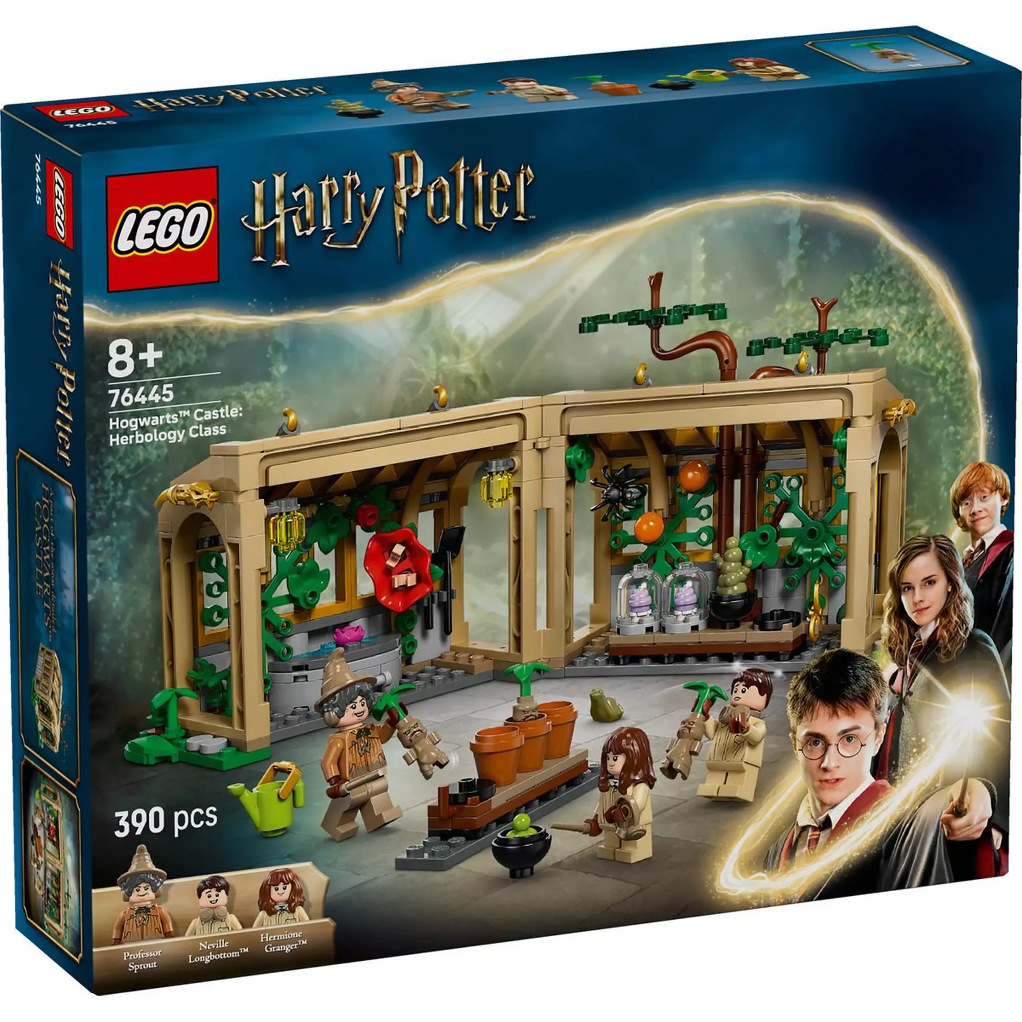 LEGO Harry Potter Roxfort kastély: Gyógynövénytanóra 76445 doboz elölnézete, nyitott üvegházzal, növényekkel és három minifigurával.