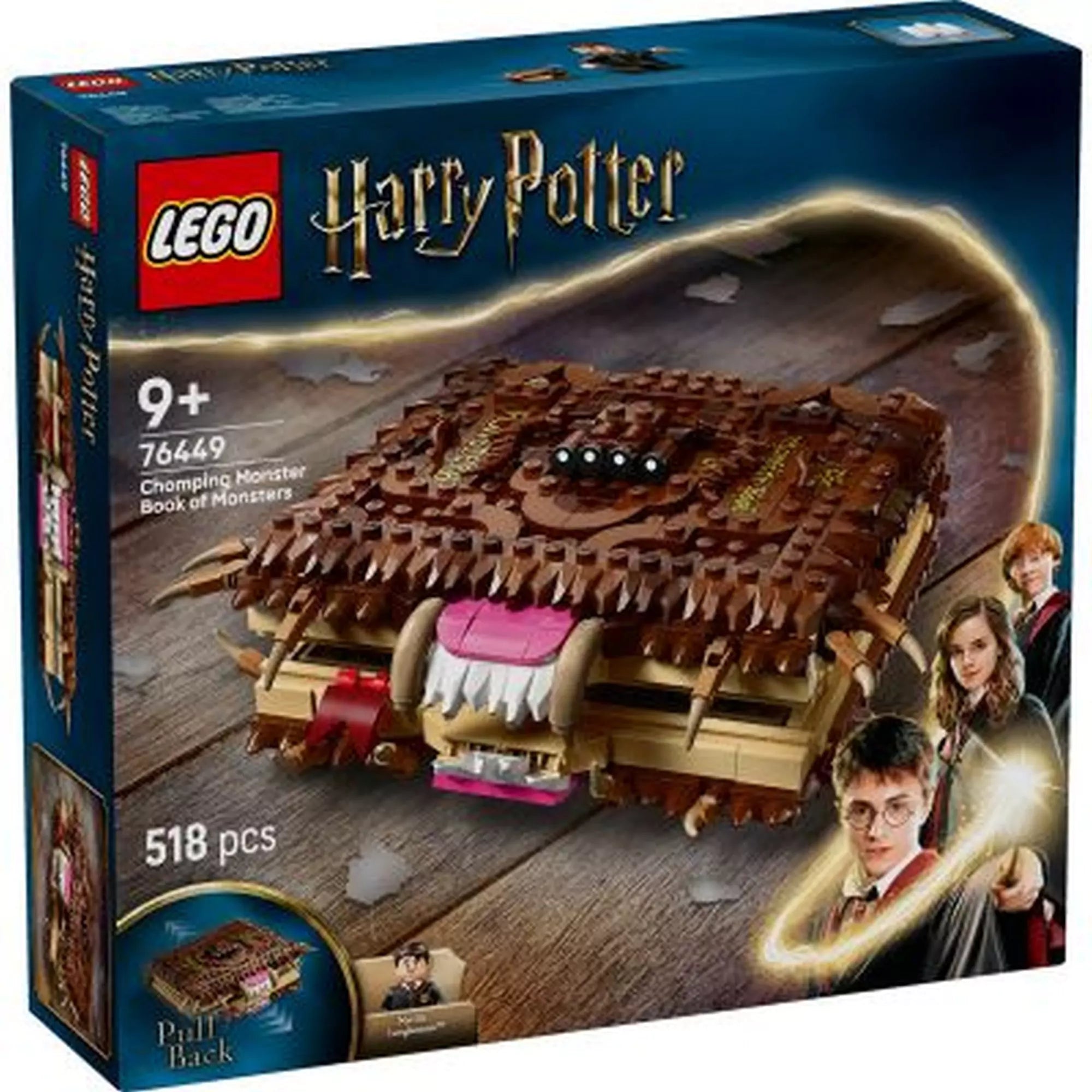 LEGO Harry Potter: Szörnyek szörnyű könyve (76449) – a doboz előlapja, szőrös borítójú, fogas könyvmodell és szereplők képe.