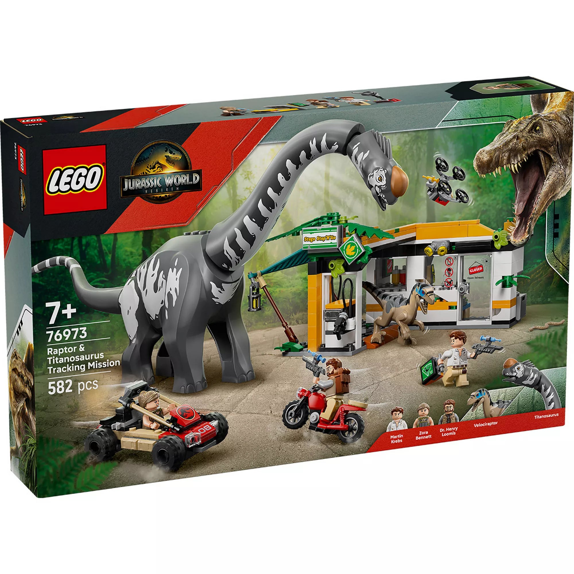 „A LEGO Jurassic World 76973 Velociraptor és Titanosaurus üldözése készlet doboza, rajta a hatalmas Titanosaurusszal, a Velociraptorral, a terepjáróval, motorral és a tábori állomással, 582 elemmel.”
