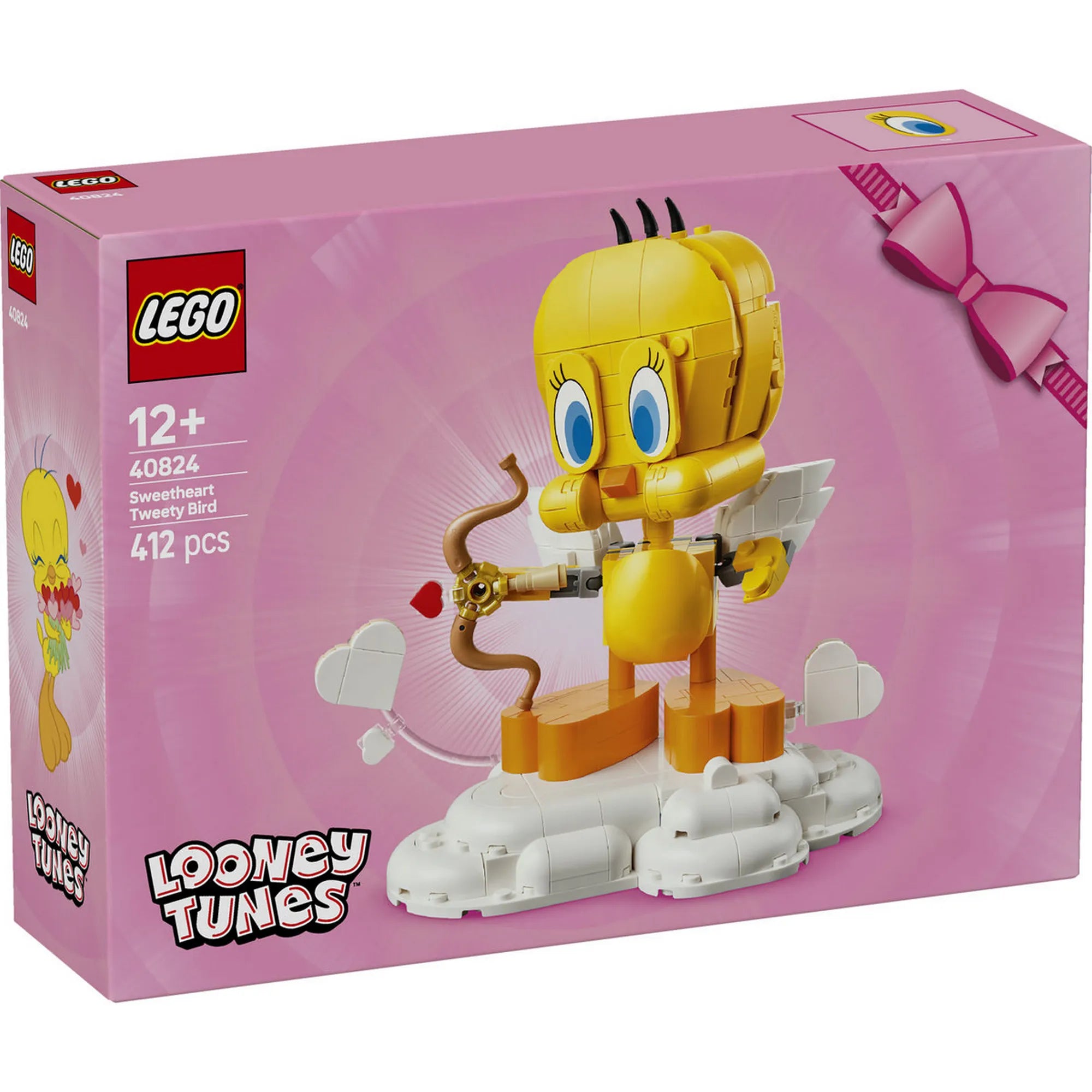 LEGO Looney Tunes: Cuki Csőrike 40824, 412 darabos – A készlet dobozképe, Csőrike figurával, virágcsokorral és cserélhető kiegészítőkkel.