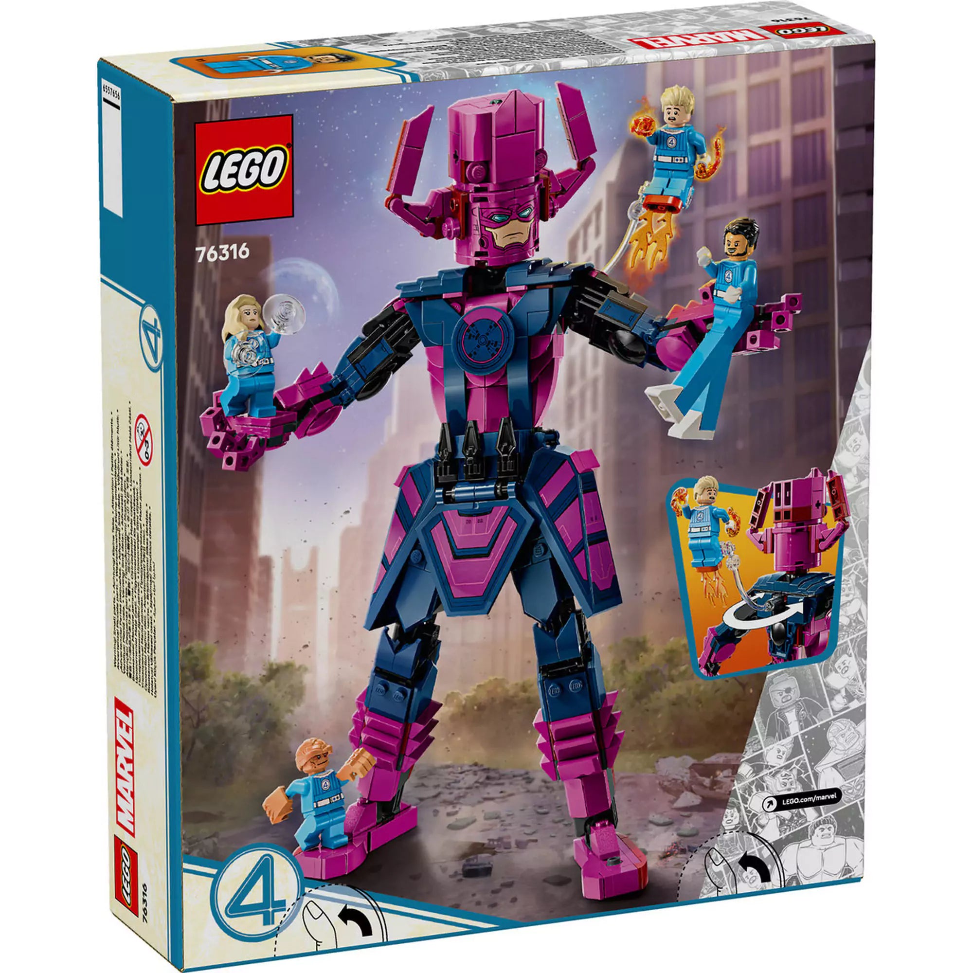„LEGO Marvel A Fantasztikus Négyes vs. Galactus építőfigura hátoldala, Galactus figurával és jelenetekkel.”