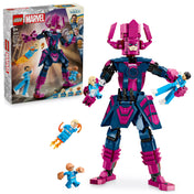 „LEGO Marvel A Fantasztikus Négyes vs. Galactus építőfigura dobozzal és teljes összeállítással, minifigurák repülés közben.”
