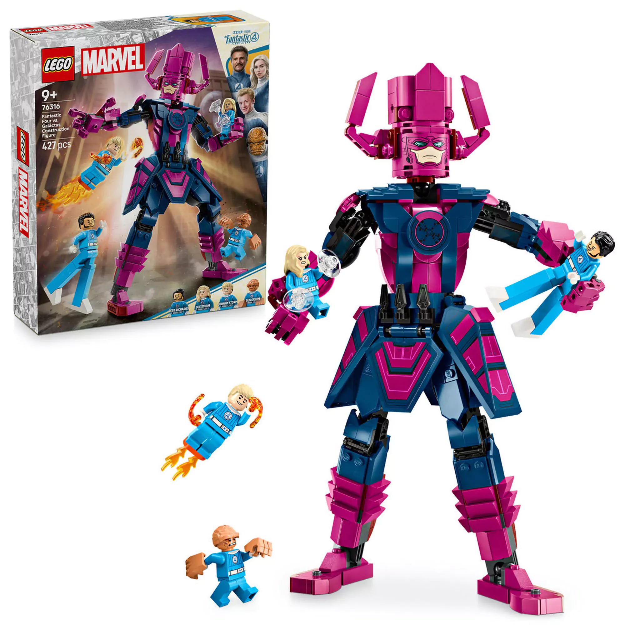 „LEGO Marvel A Fantasztikus Négyes vs. Galactus építőfigura dobozzal és teljes összeállítással, minifigurák repülés közben.”