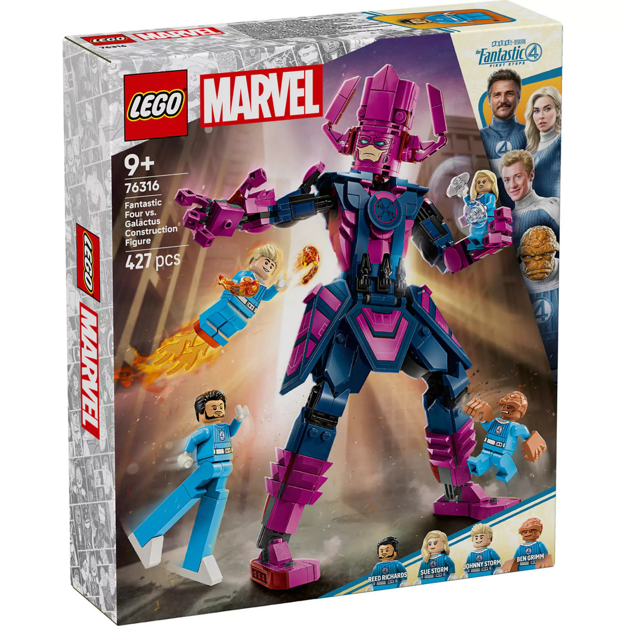 „LEGO Marvel A Fantasztikus Négyes vs. Galactus építőfigura doboza négy minifigurával és hatalmas Galactus modellel.”