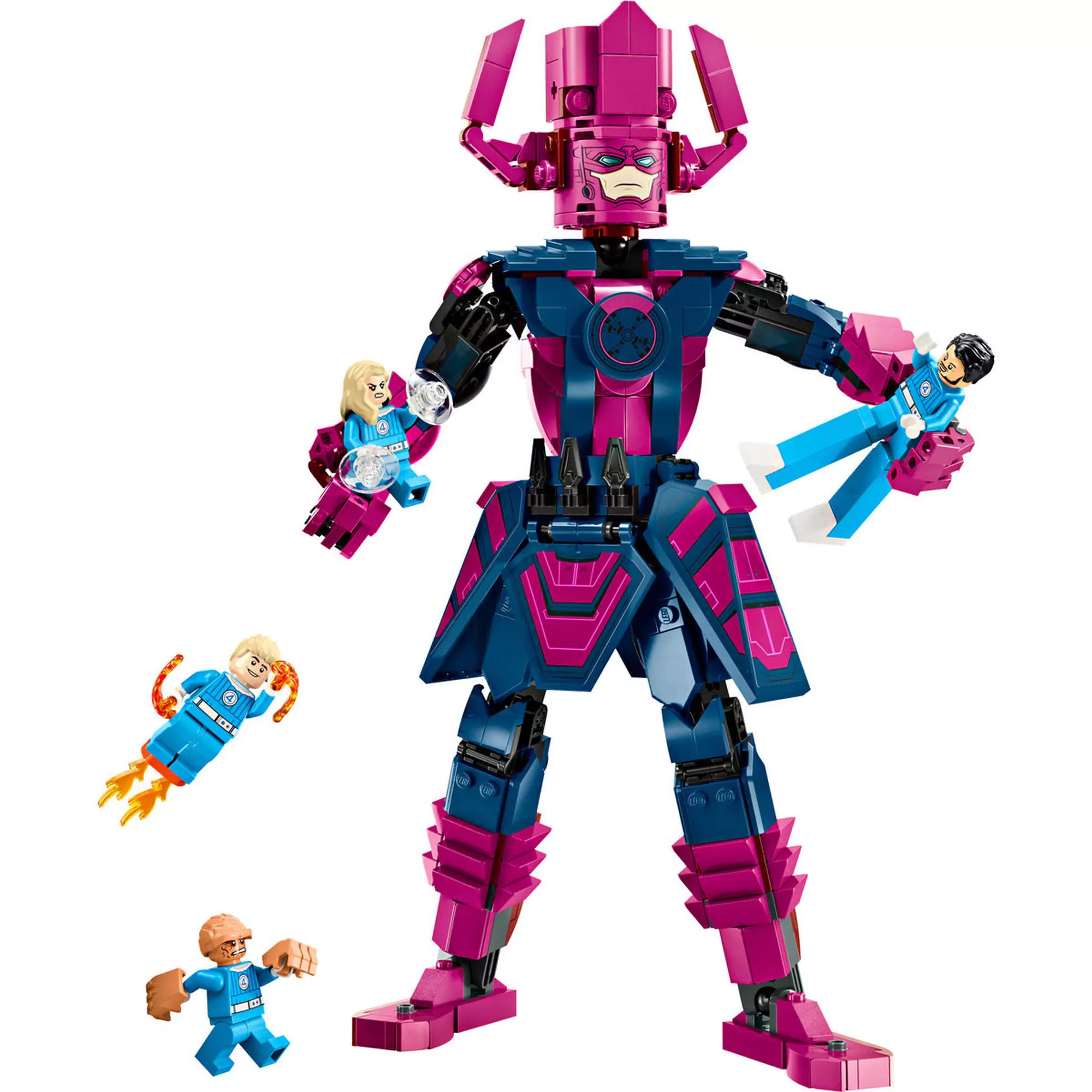 „LEGO Marvel A Fantasztikus Négyes vs. Galactus építőfigura játék közben, mind a négy szuperhős Galactus ellen küzd.”