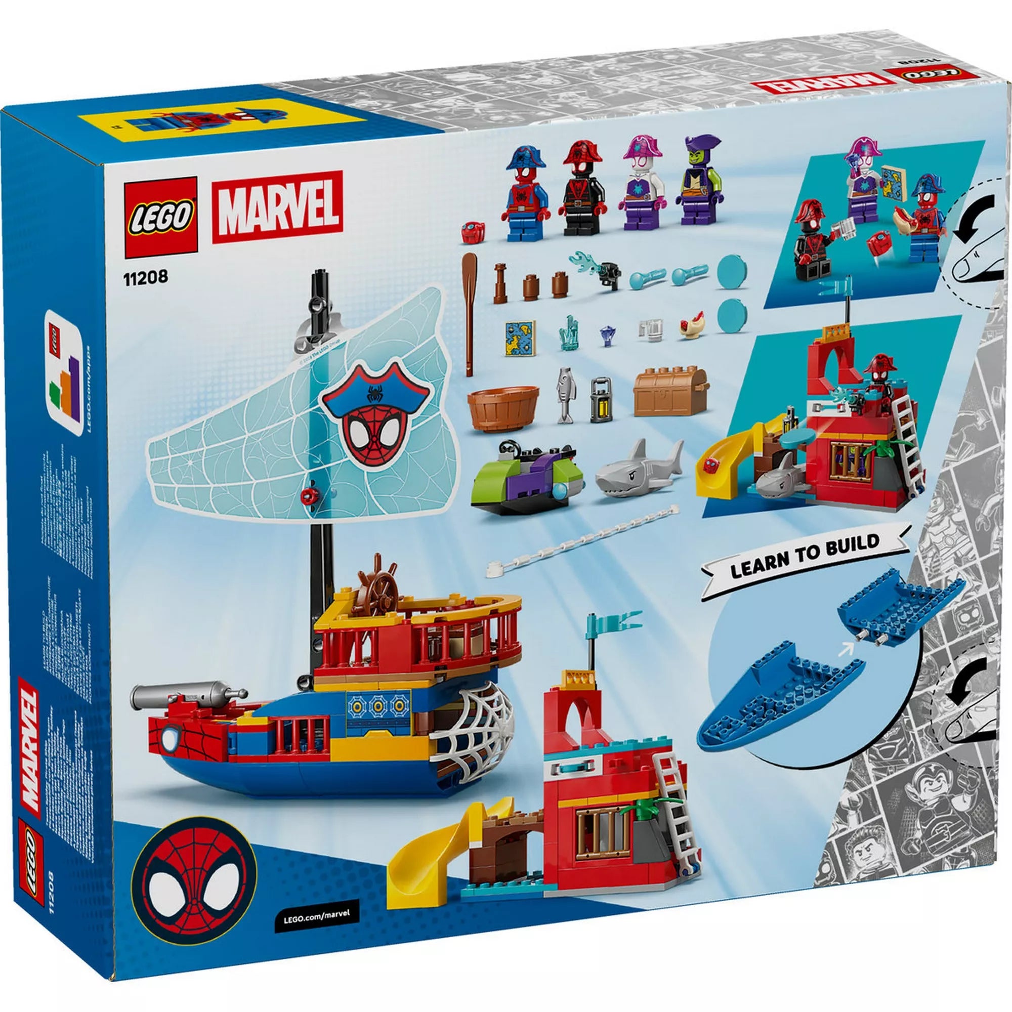 LEGO Marvel 11208 doboz hátoldala, amely bemutatja a megépíthető kalózhajót, a Pók-szigetet csúszdával, a játékelemeket és az egyszerű építési lépéseket.