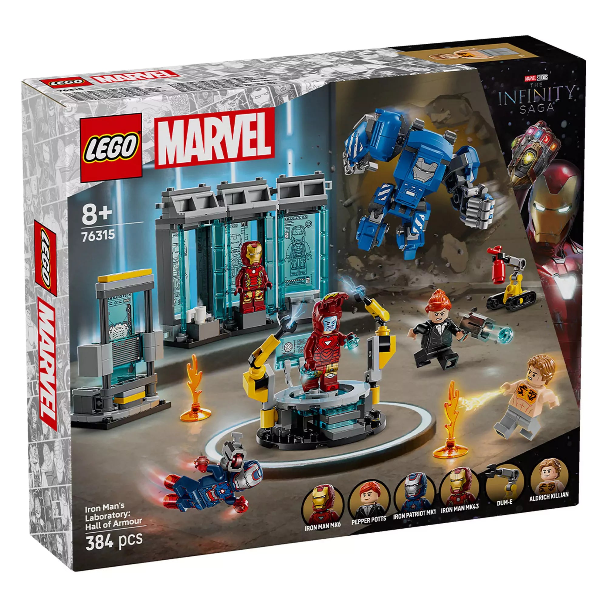 LEGO Marvel A Vasember laboratóriuma: páncélcsarnok doboza elölnézetből, a szereplőkkel és páncélokkal a háttérben.