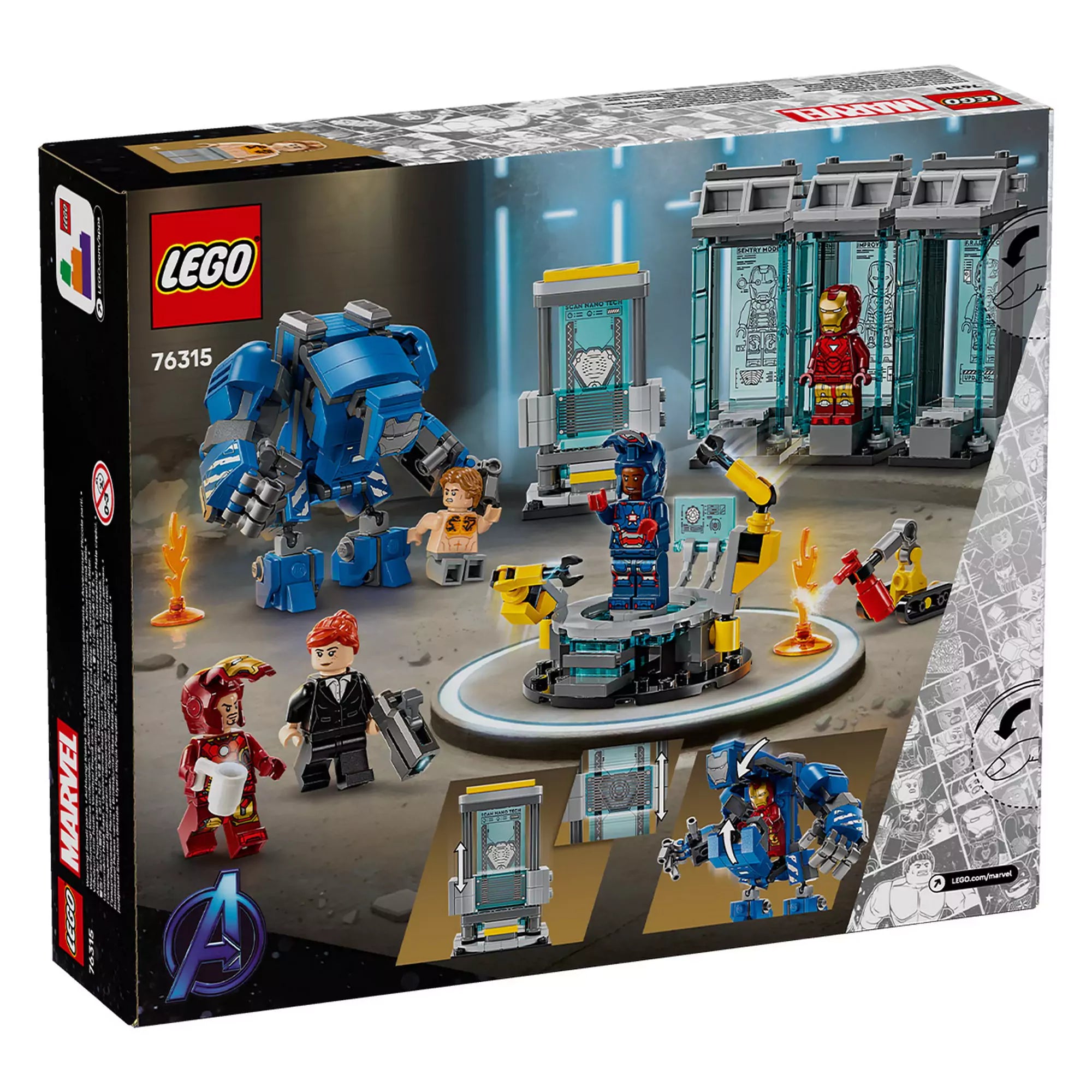 LEGO Marvel A Vasember laboratóriuma: páncélcsarnok doboza hátulnézetből, bemutatva az összes minifigurát és játékelemet.