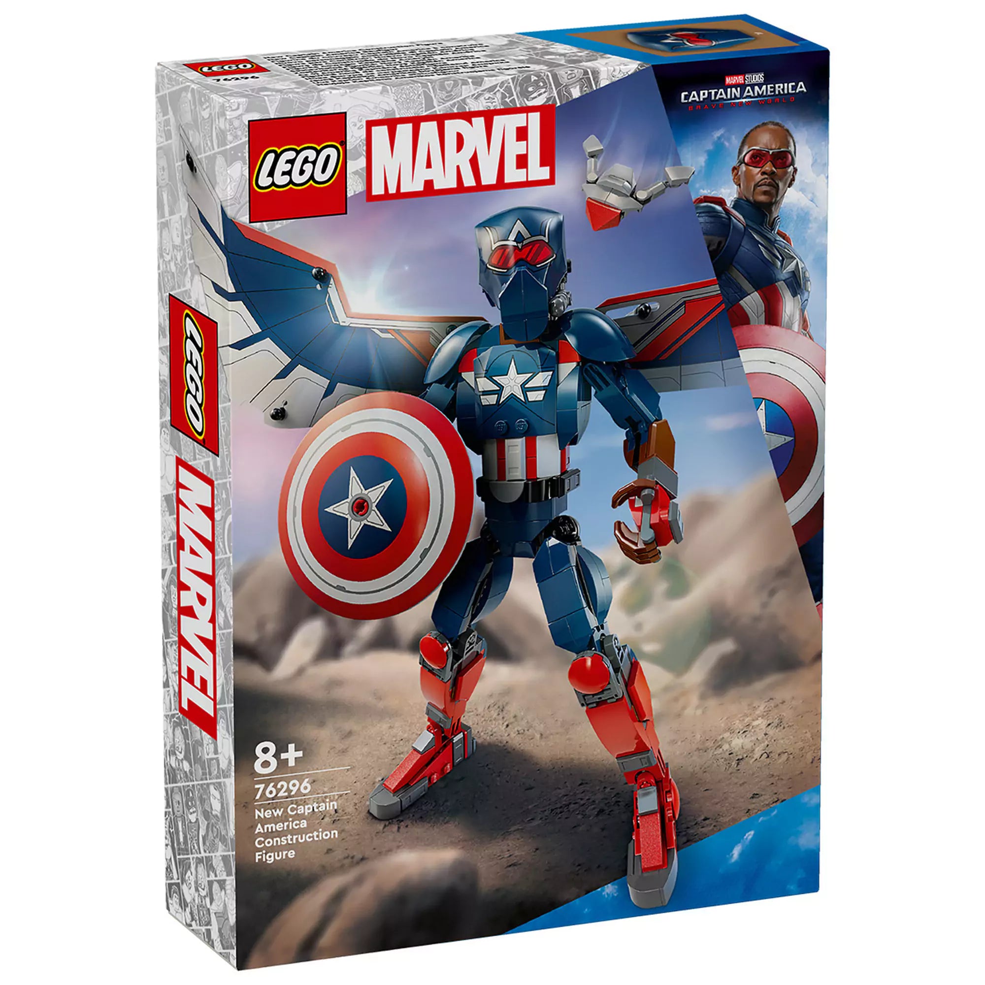 LEGO Marvel Az új Amerika Kapitány építőfigura (76296) doboza, a szárnyas szuperhős pajzzsal és drónnal pózol a csomagolás elején.