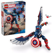  LEGO Marvel Az új Amerika Kapitány építőfigura (76296) doboza és a megépített figura akció közben, Redwing drónnal kiegészítve.