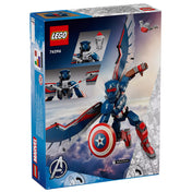  LEGO Marvel Az új Amerika Kapitány építőfigura (76296) hátoldali dobozkép, mozgatható szárnyakkal és akcióban látható pózban.