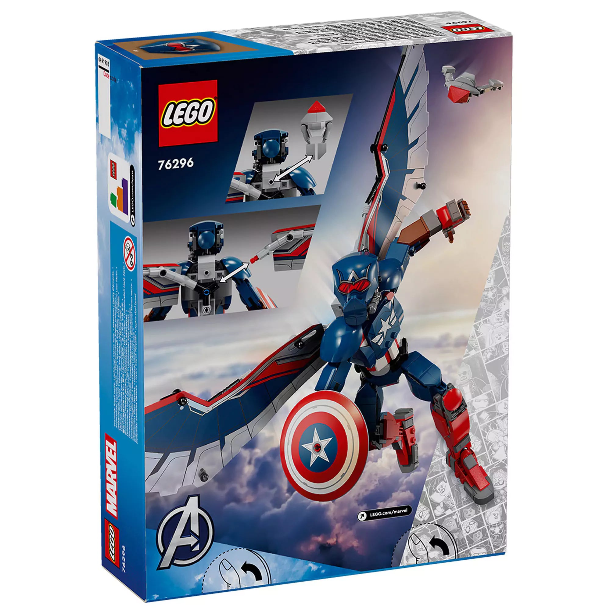  LEGO Marvel Az új Amerika Kapitány építőfigura (76296) hátoldali dobozkép, mozgatható szárnyakkal és akcióban látható pózban.