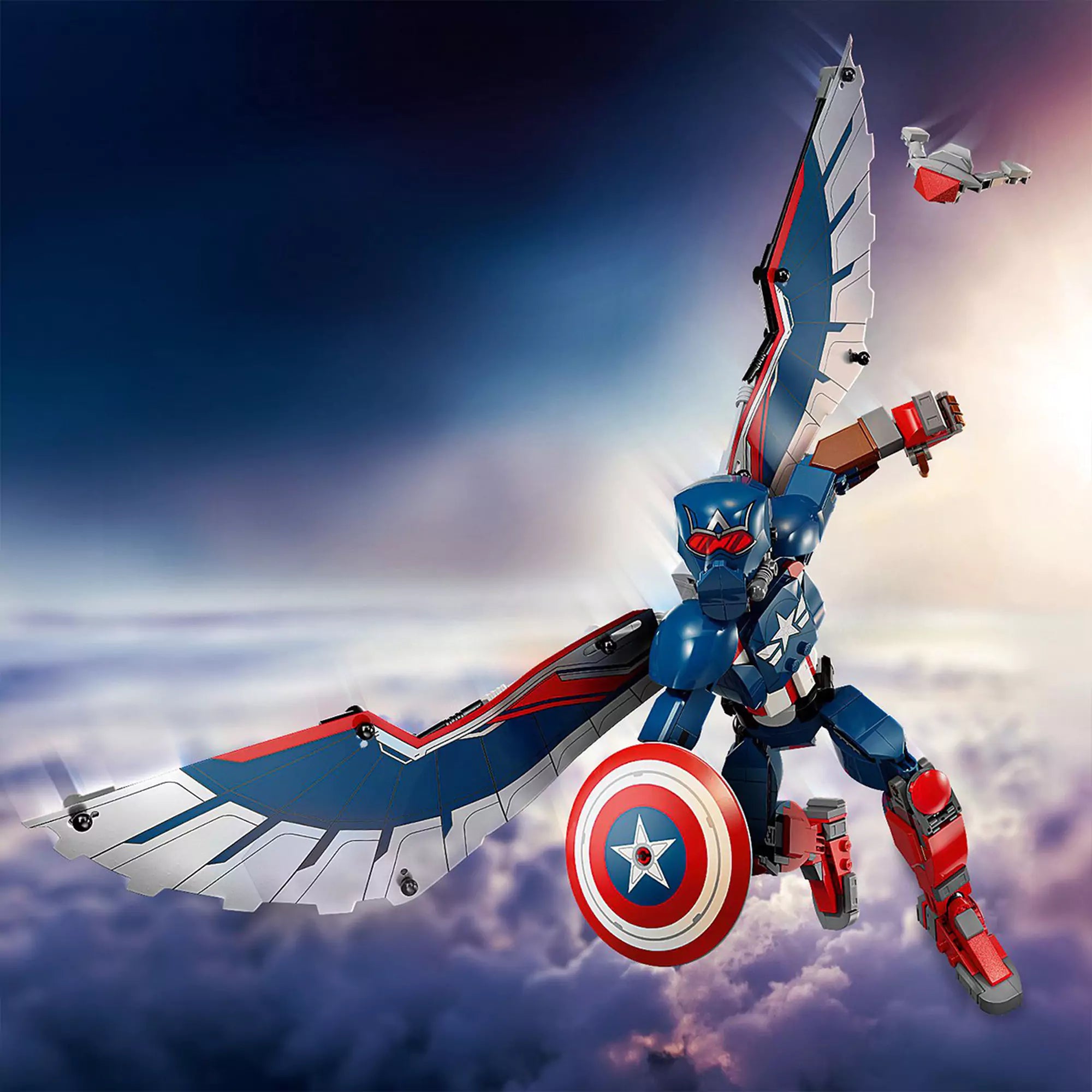 LEGO Marvel Az új Amerika Kapitány építőfigura (76296) repülő akciójelenetben, a karakter dinamikus pózban a levegőben.