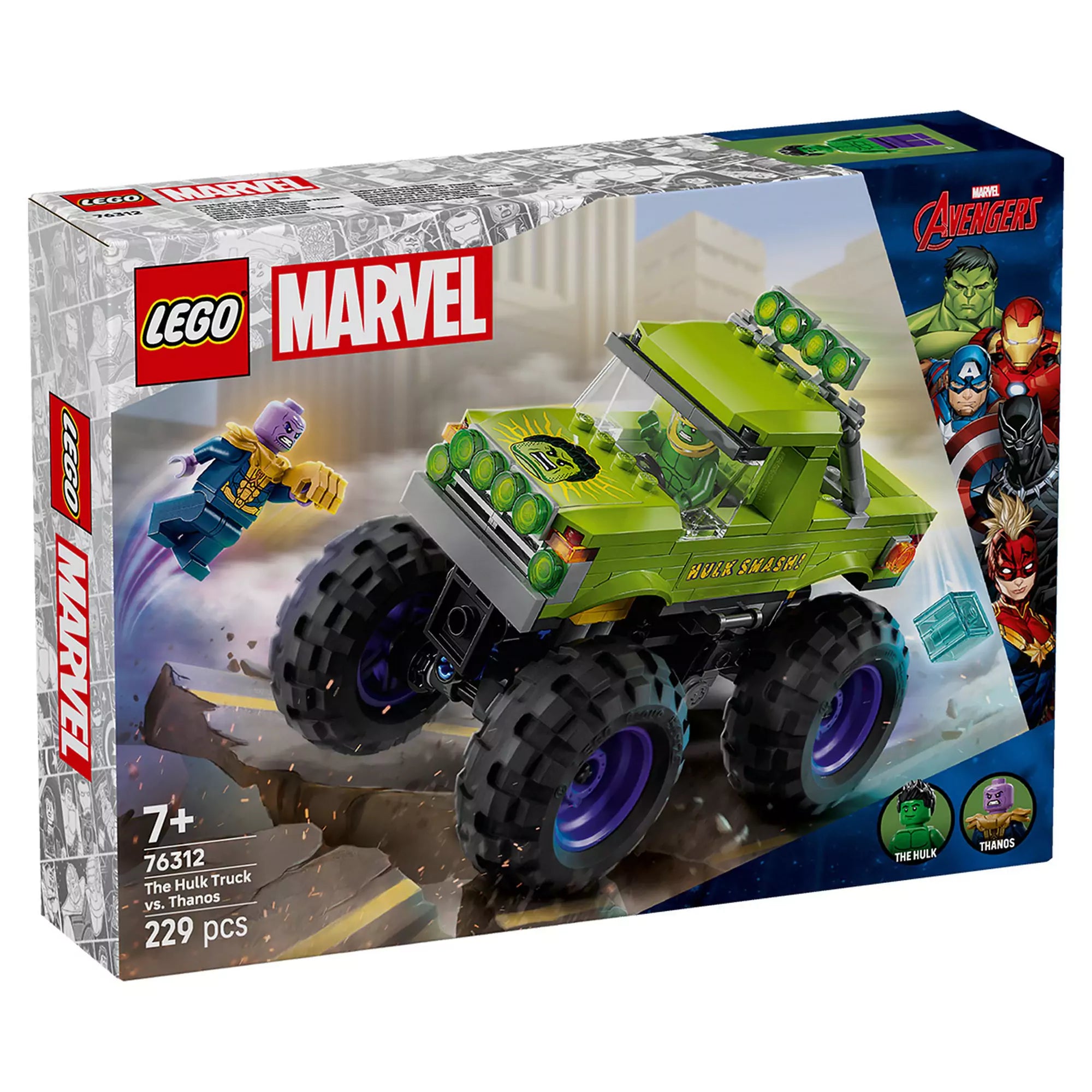 LEGO Marvel Hulk óriási terepjárója vs. Thanos doboza, amelyen Hulk hatalmas terepjárója és Thanos minifigurája látható.