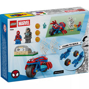 LEGO Marvel 11206 doboz hátoldala, amely bemutatja a megépíthető Spidey motort, a pókhálós csapdát, a pizzakemencét és az akciójeleneteket lépésről lépésre.