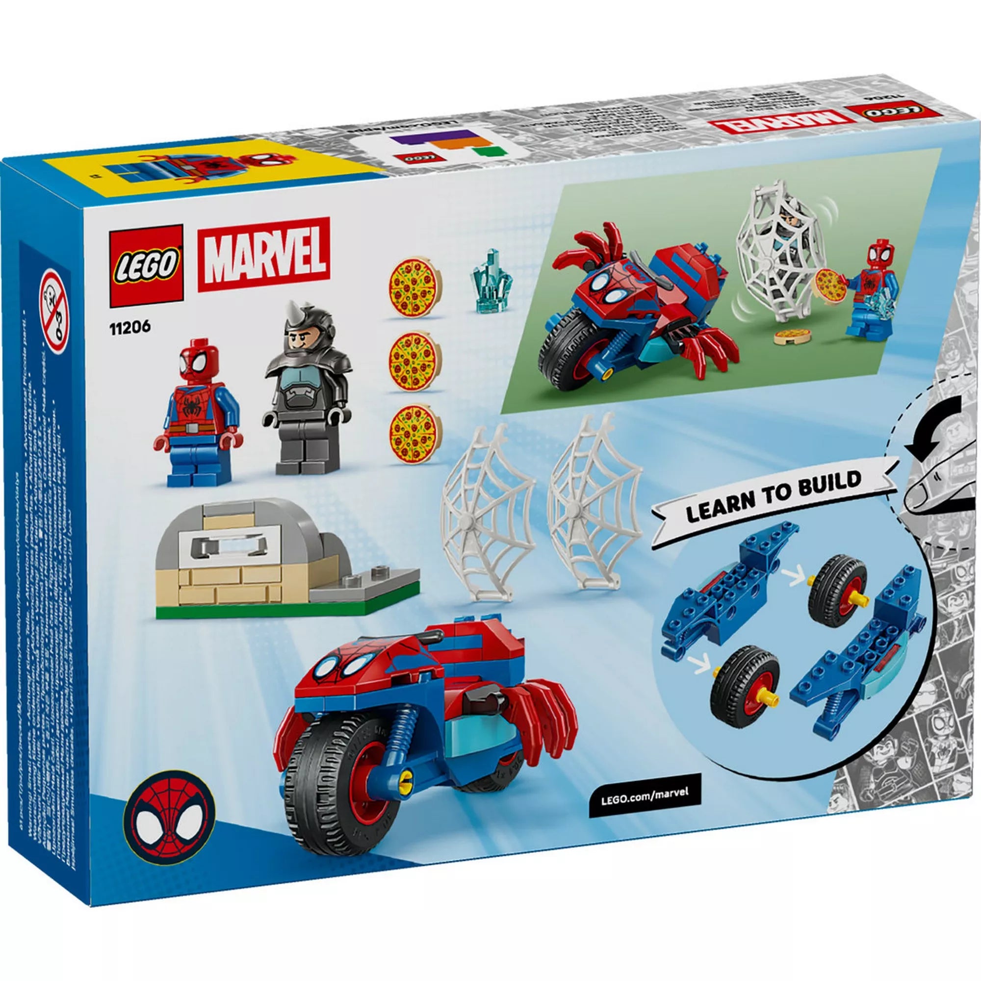 LEGO Marvel 11206 doboz hátoldala, amely bemutatja a megépíthető Spidey motort, a pókhálós csapdát, a pizzakemencét és az akciójeleneteket lépésről lépésre.