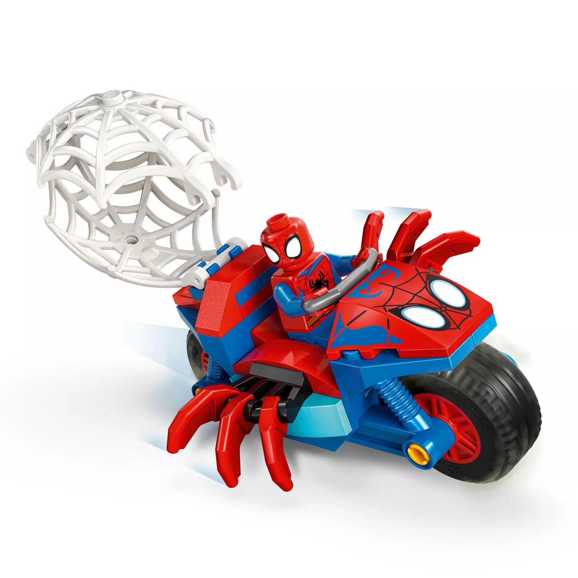 LEGO Marvel Spidey minifigura pókhálós motoron, nagyméretű pókháló-kiegészítővel, a 11206 szett elemeiből összeállítva.