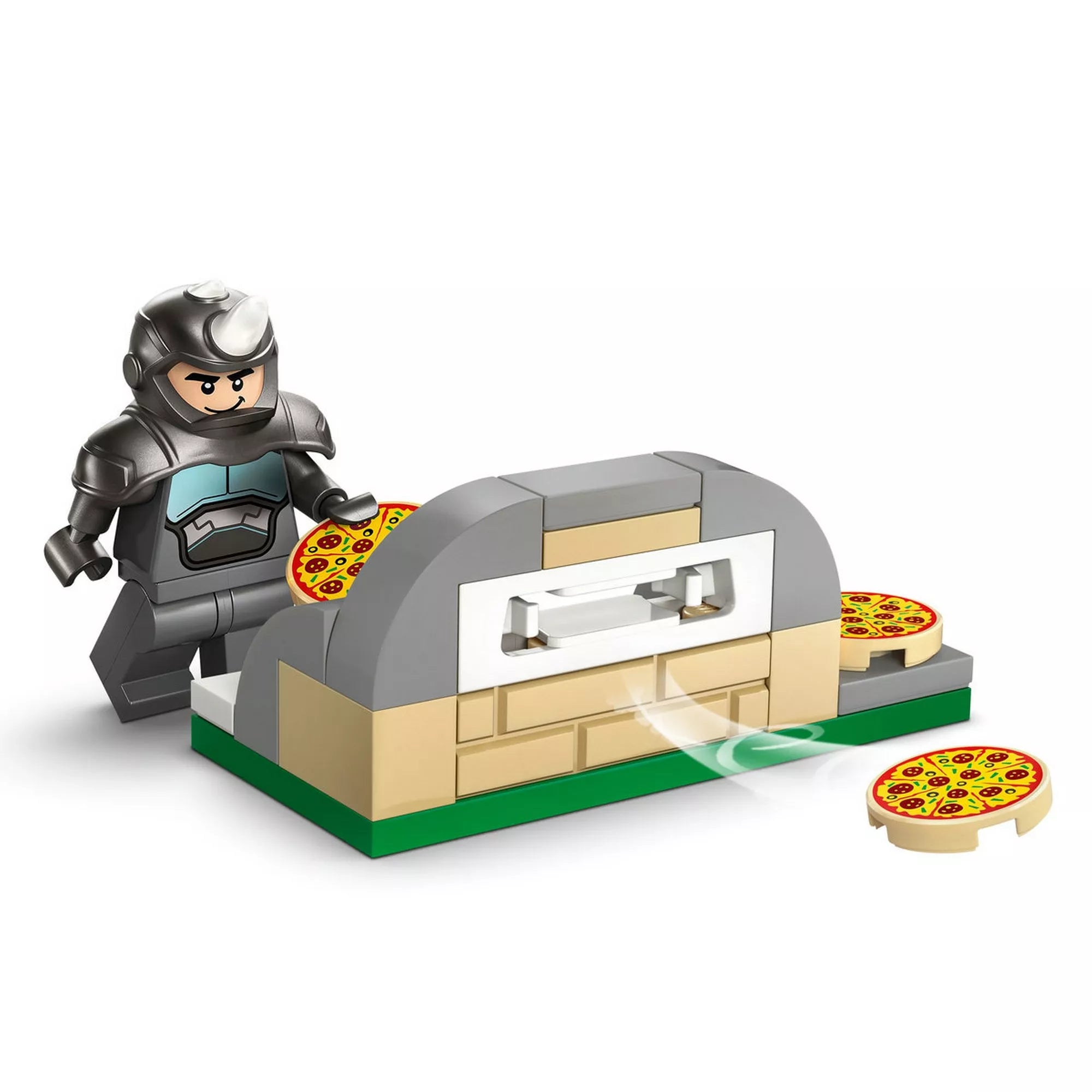 LEGO Marvel Rhino minifigura pizzakemencével és pizzakorongokkal, akciókiegészítők a Spidey a motorján vs Rhino (11206) készletből.