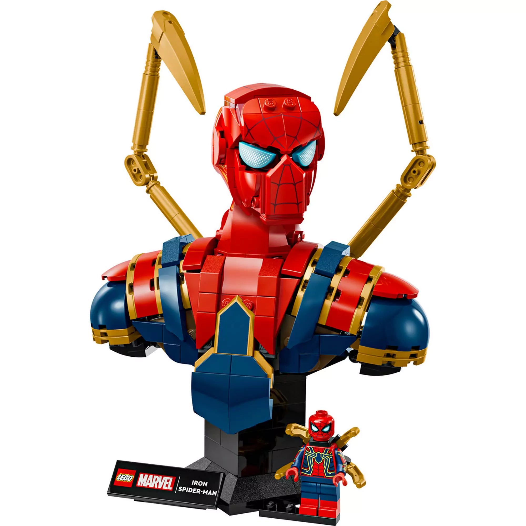 LEGO Marvel Iron Spider-Man mellszobor (76326) termékkép – A készlet hivatalos promóciós képe a mellszoborról és a hozzá tartozó minifiguráról.