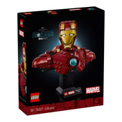 A LEGO Marvel Iron Man MK4 mellszobor (76327) sötét háttérrel, a dobozon a vörös-arany páncélos Iron Man büsztje és az „Infinity Saga” logó látható.