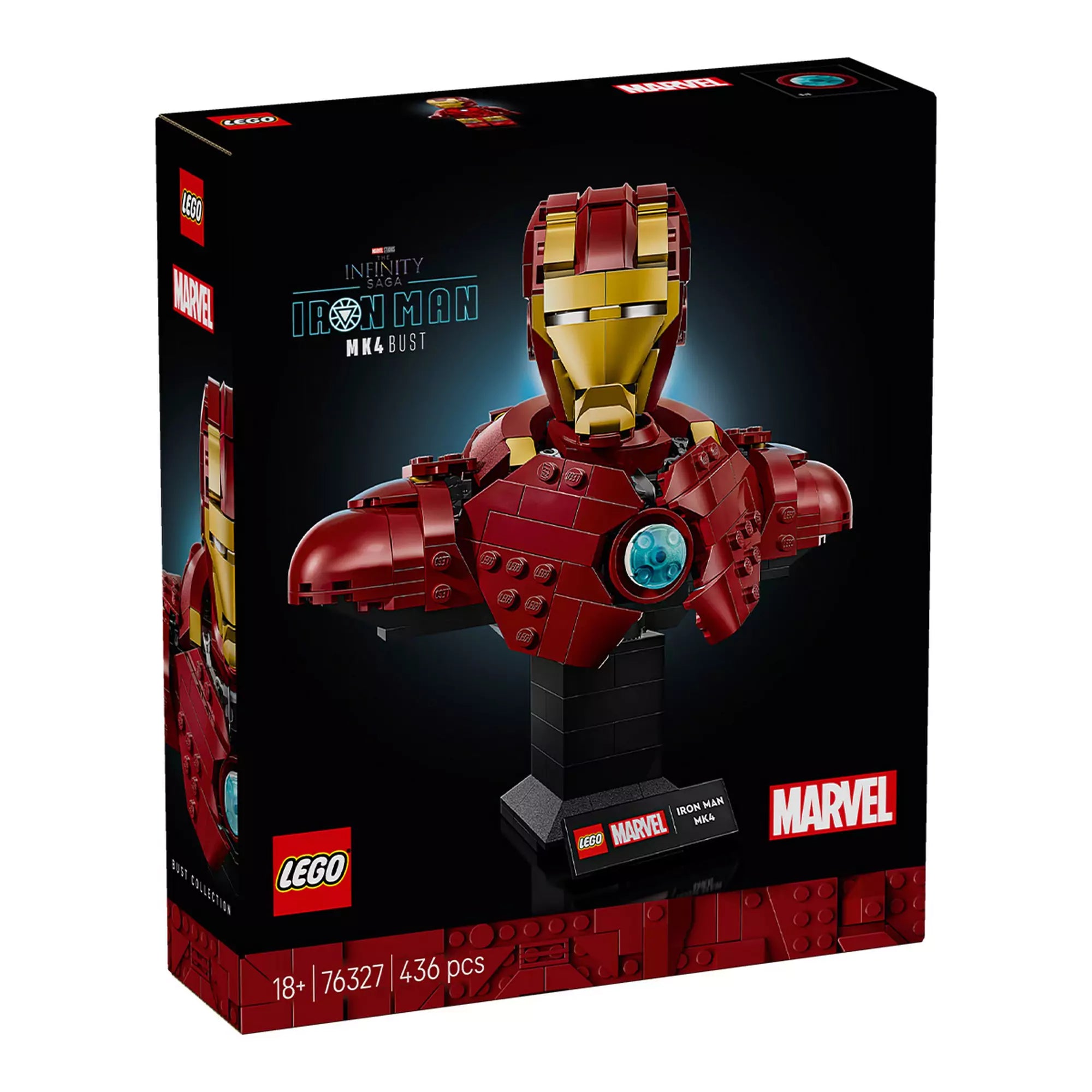 A LEGO Marvel Iron Man MK4 mellszobor (76327) sötét háttérrel, a dobozon a vörös-arany páncélos Iron Man büsztje és az „Infinity Saga” logó látható.