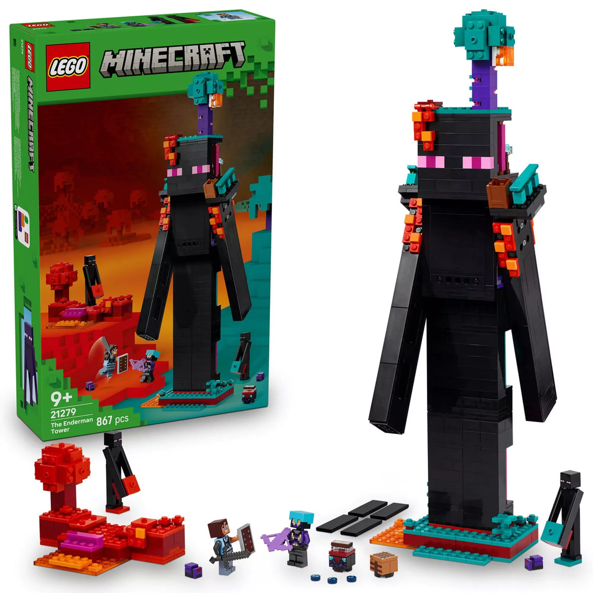 LEGO Minecraft: A Bevégzőtorony (21279) modell és doboz egymás mellett, a karakterek és a moduláris elemek elrendezésével.