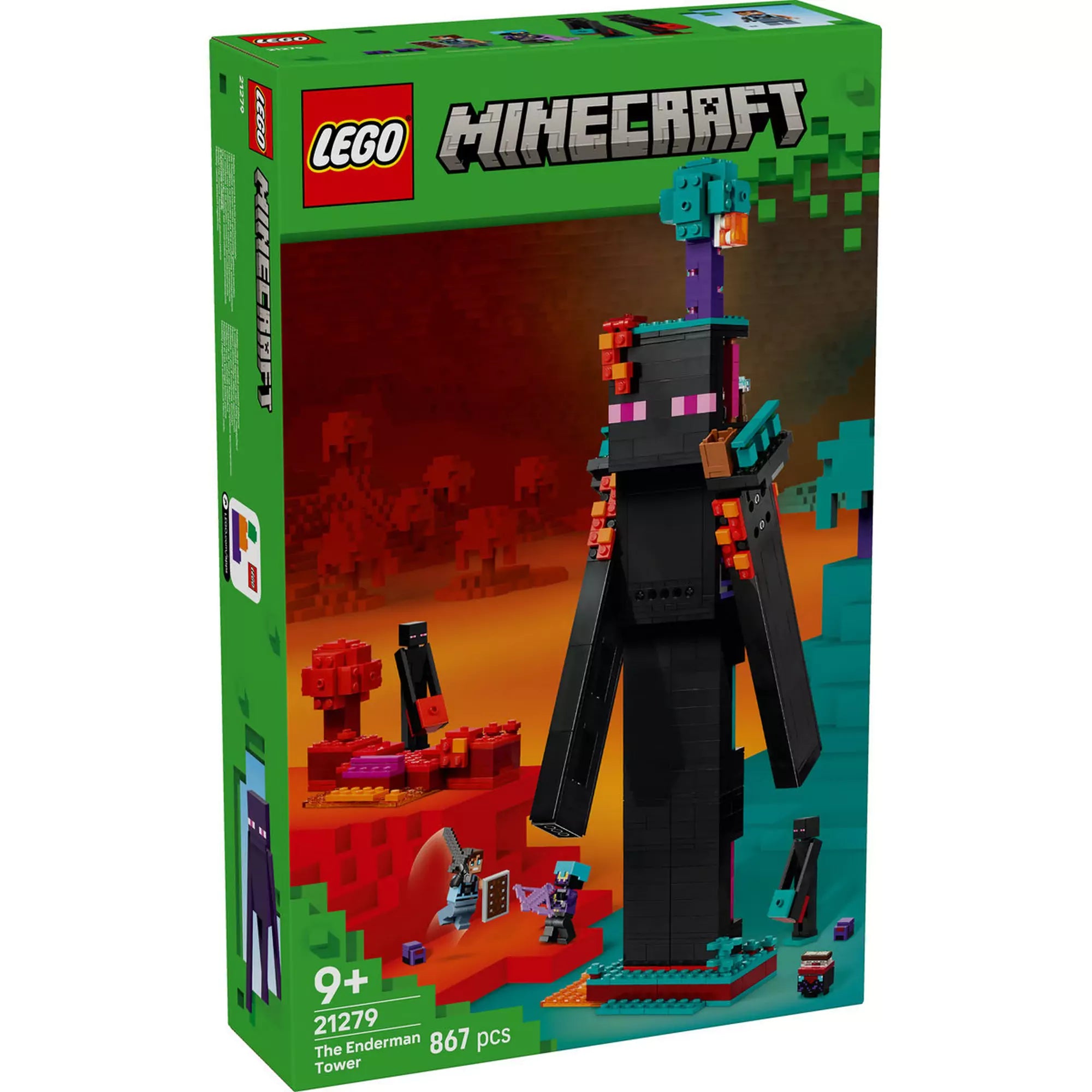 LEGO Minecraft: A Bevégzőtorony (21279) doboz előlapja, az Enderman alakú torony és Minecraft karakterek látványával.