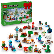 LEGO Minecraft Adventi naptár dobozzal és tartalmával – a 300 darabos szett minifigurákat, apró modelleket és ikonikus játékbeli kiegészítőket tartalmaz.