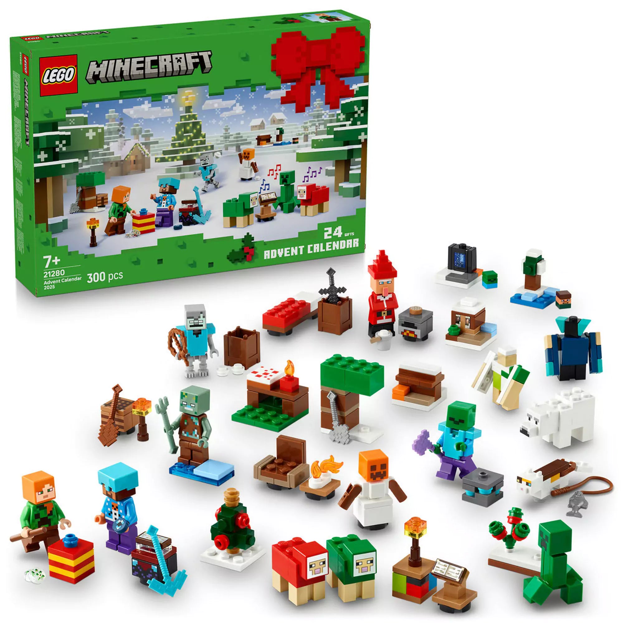 LEGO Minecraft Adventi naptár dobozzal és tartalmával – a 300 darabos szett minifigurákat, apró modelleket és ikonikus játékbeli kiegészítőket tartalmaz.