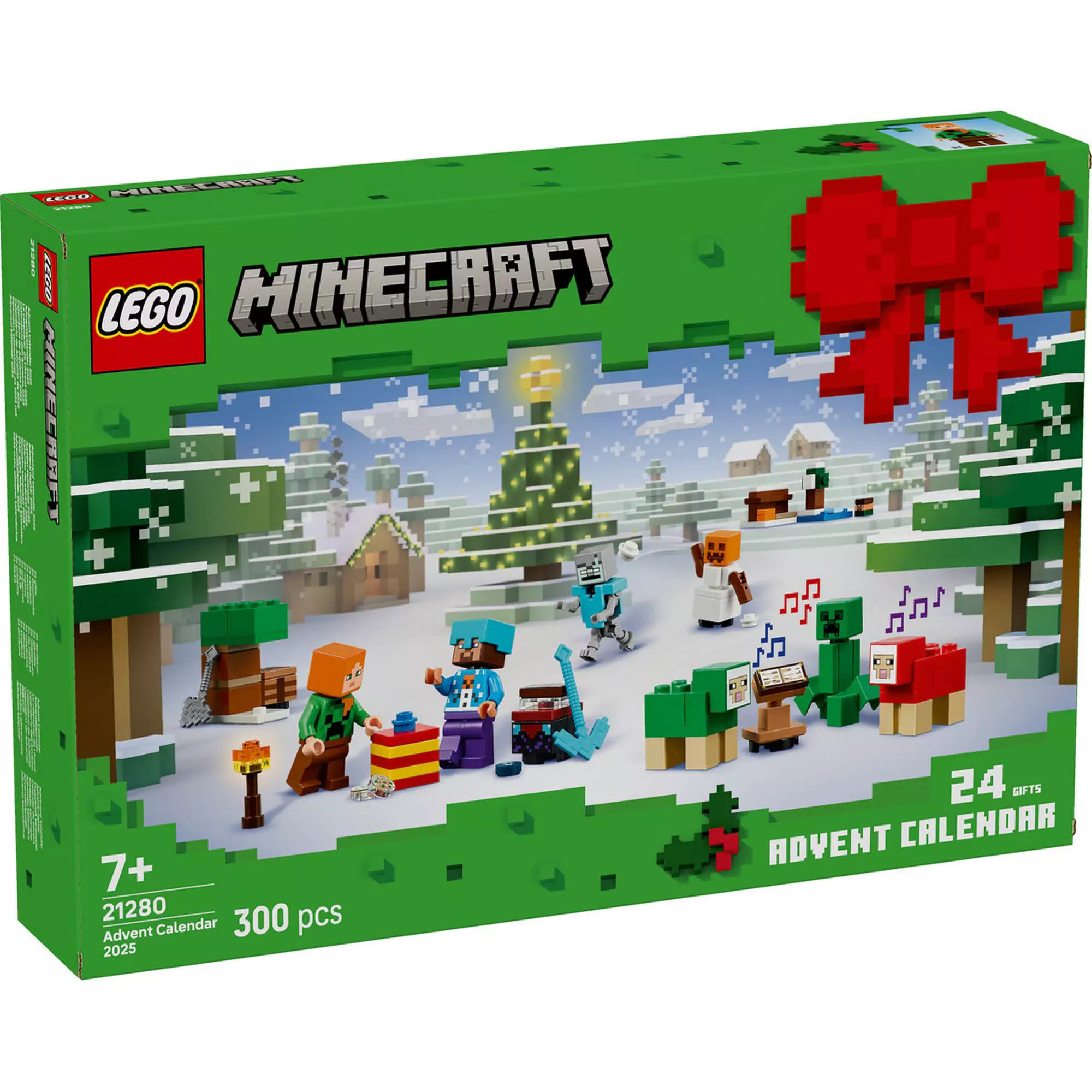LEGO Minecraft Adventi naptár 2025 (21280) dobozkép – téli Minecraft jelenet karácsonyfával, Alexszel, Stevvel, Creeperrel és ünnepi kiegészítőkkel, 300 darabbal.