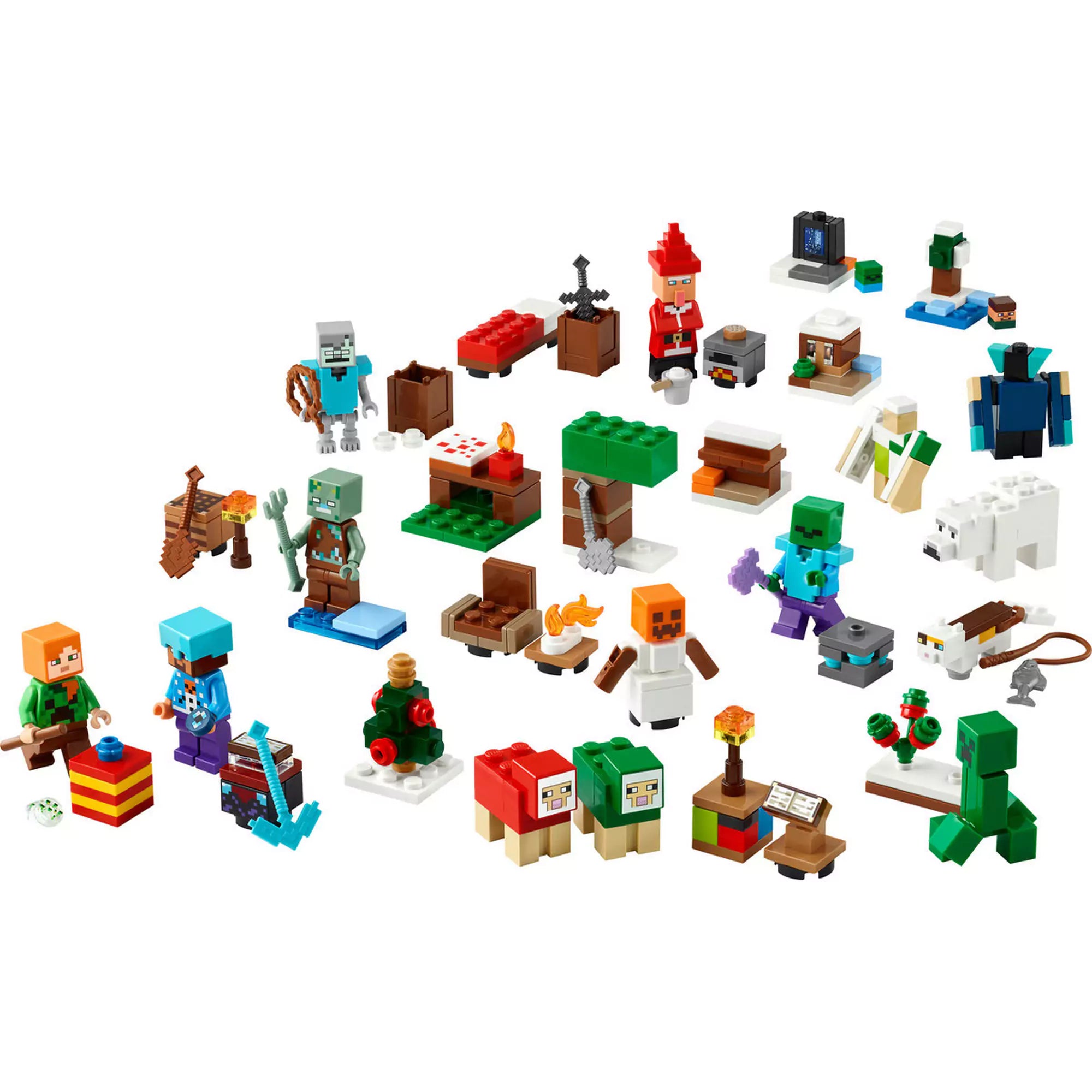 LEGO Minecraft Adventi naptár 2025 tartalma – minifigurák (Alex, Steve, Creeper, hóember-gólem, zombi, falusi Mikulás), valamint ünnepi építmények és kiegészítők.