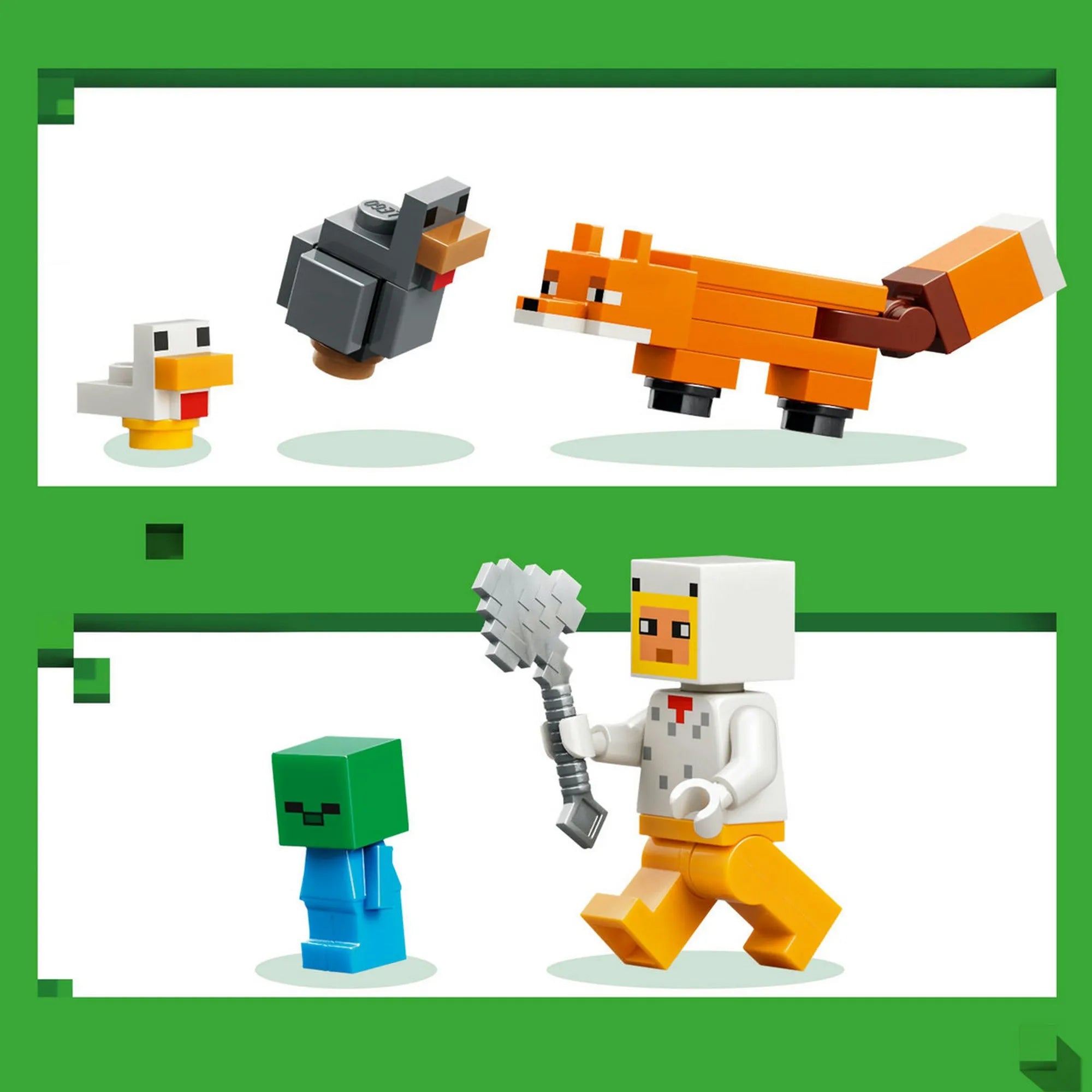 LEGO Minecraft: Csirkefarm 21585 figurái és állatai, csirke, róka és zombibébi részletezve