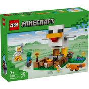 LEGO Minecraft: Csirkefarm 21585 dobozképe, csirke alakú farm építménnyel és Minecraft figurákkal.