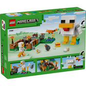 LEGO Minecraft: Csirkefarm 21585 doboz hátoldala, játéklehetőségekkel és részletekkel bemutatva