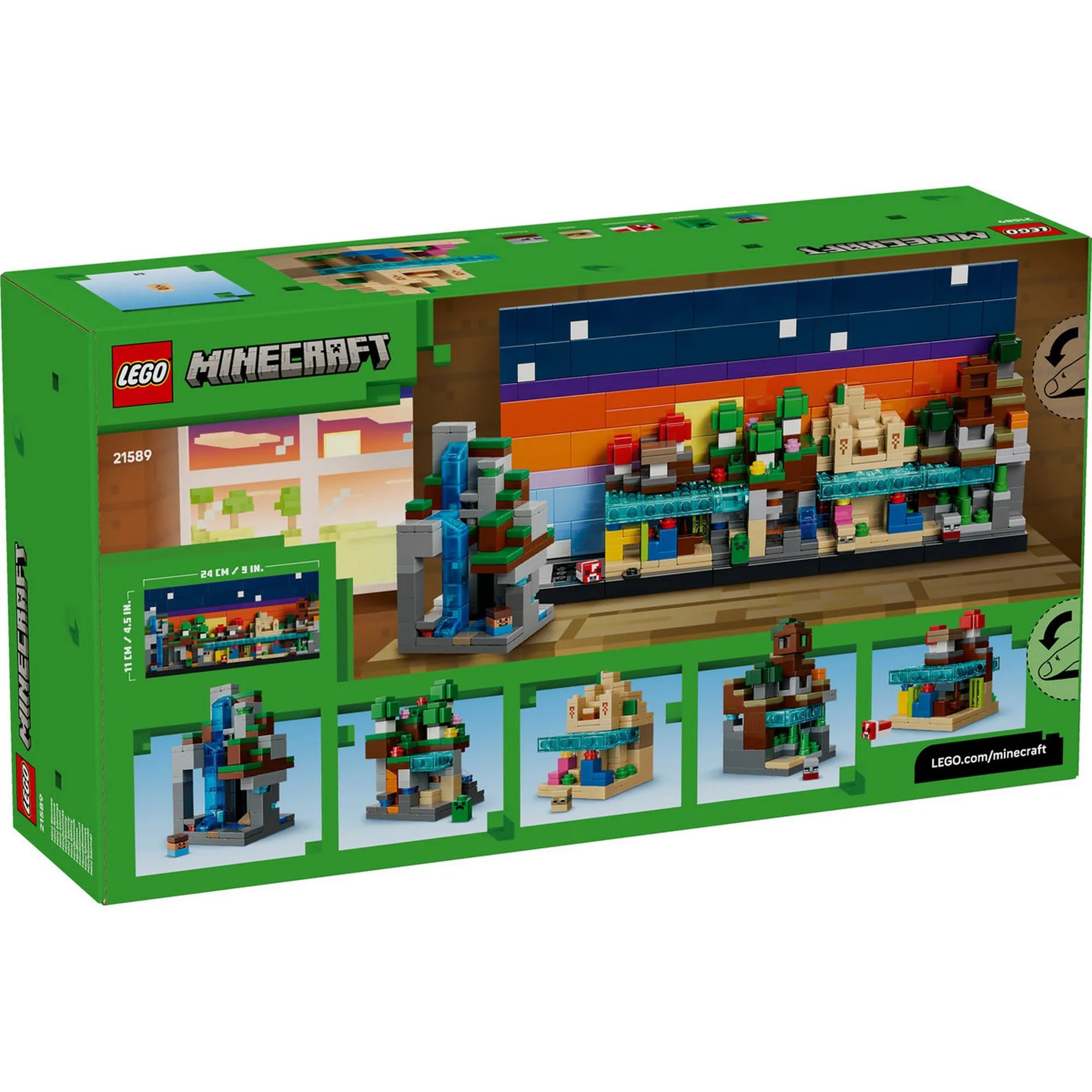 LEGO Minecraft: Minibiomok 21589 doboz hátoldala, a variálható minibiom modulok bemutatásával.