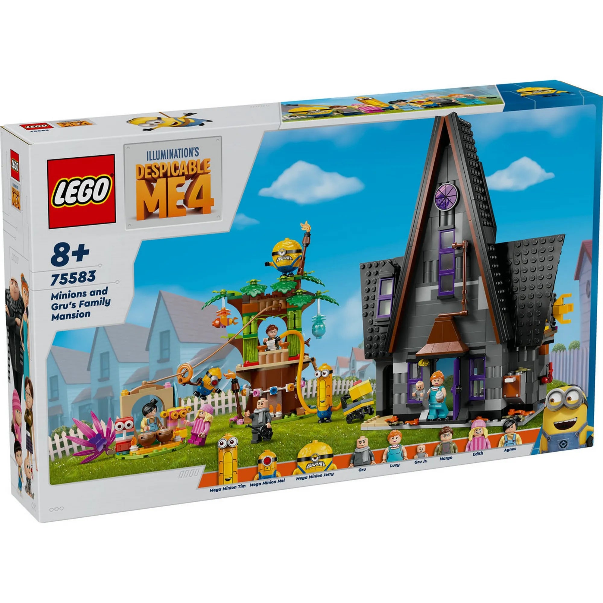 LEGO Minions A minyonok és Gru családi háza (75583) dobozkép – Gru ikonikus otthona, a lányok lombháza és a szettben található minifigurák.