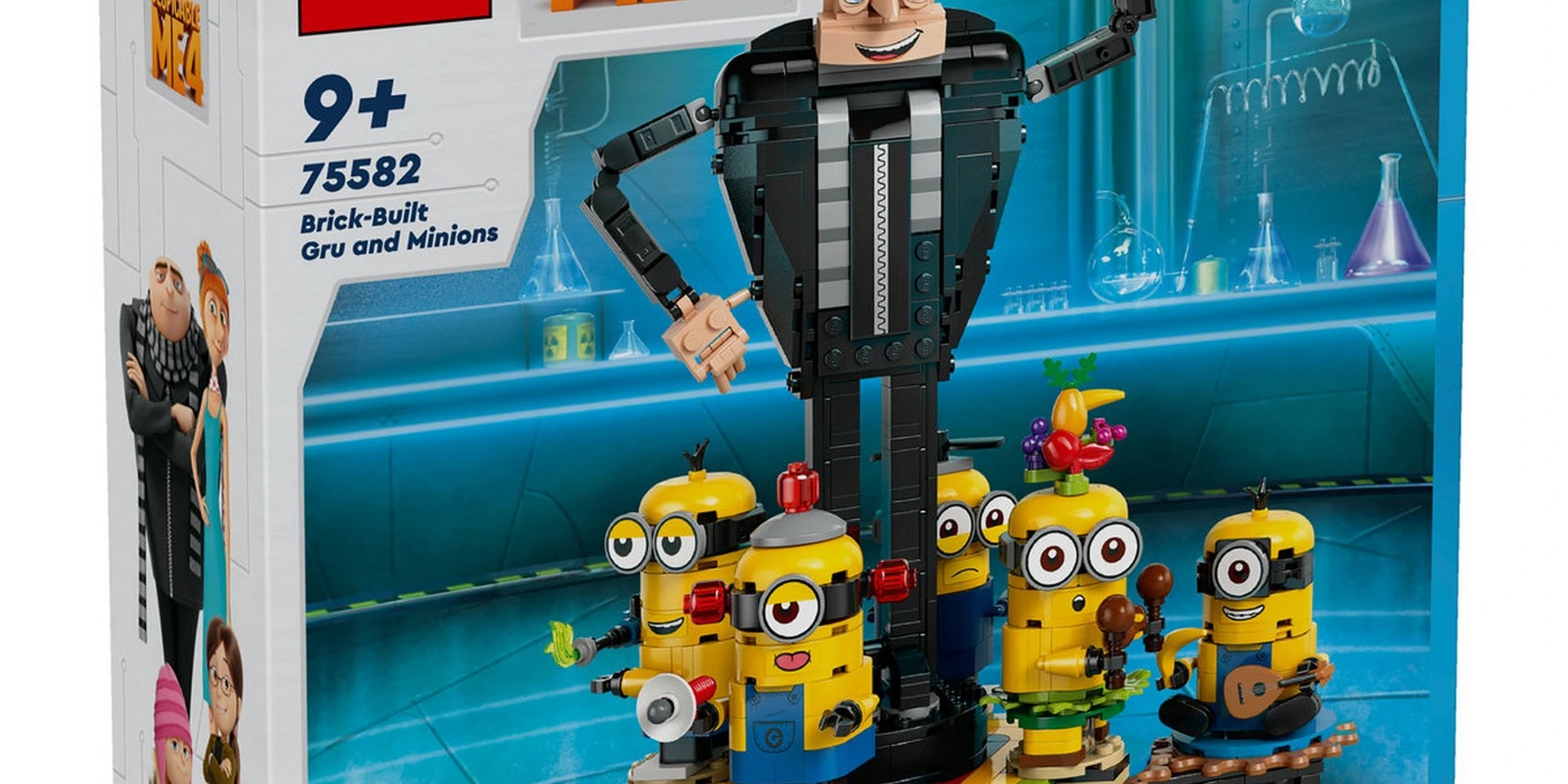 LEGO Minions Kocka Gru és minyonok (75582) dobozkép – Gru nagy méretű figurája és öt különböző minyon karakter építhető változatban.
