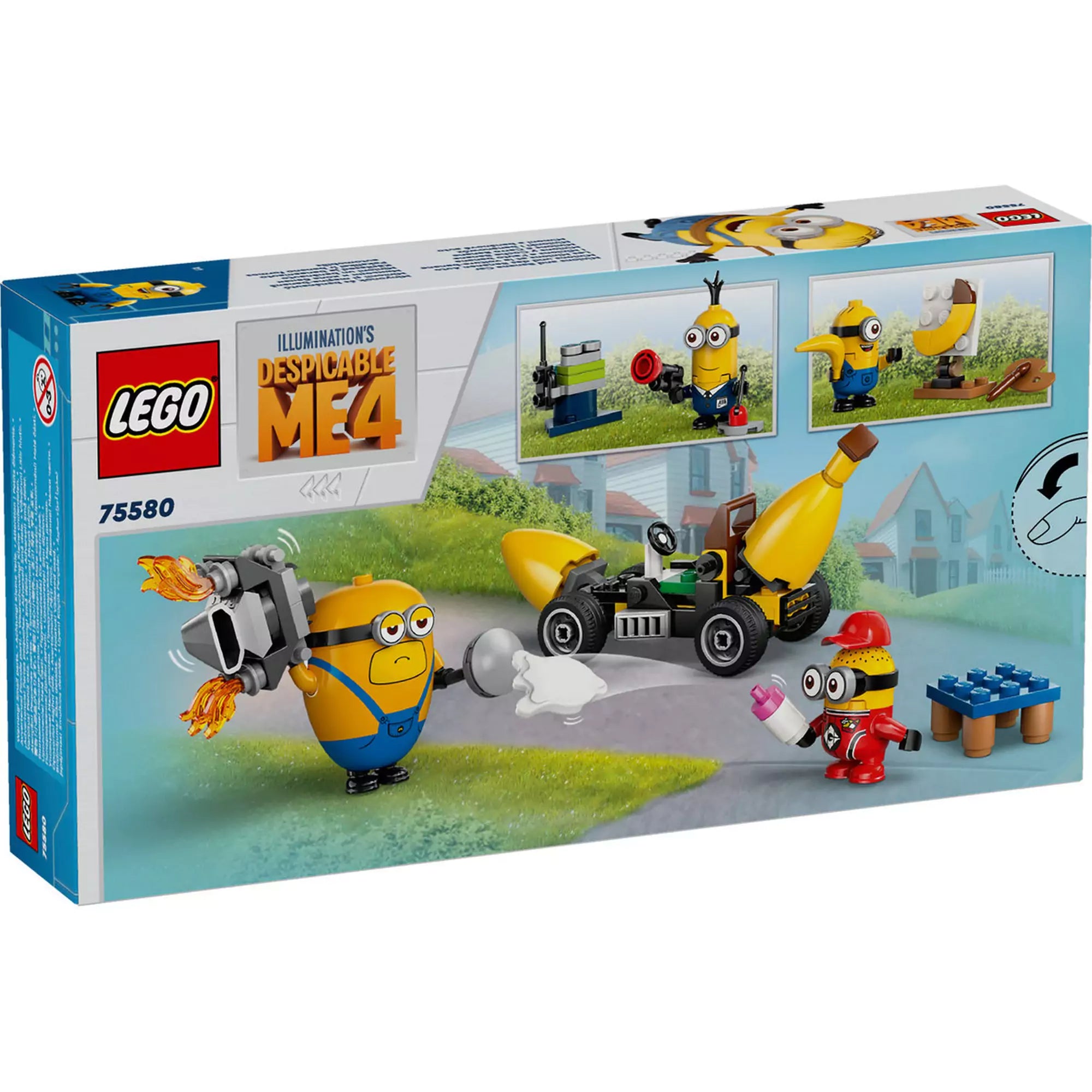 A LEGO Minions: Minyonok és banánautó (75580) doboz hátlapja, amely bemutatja a készlet funkcióit és a játszható jeleneteket.
