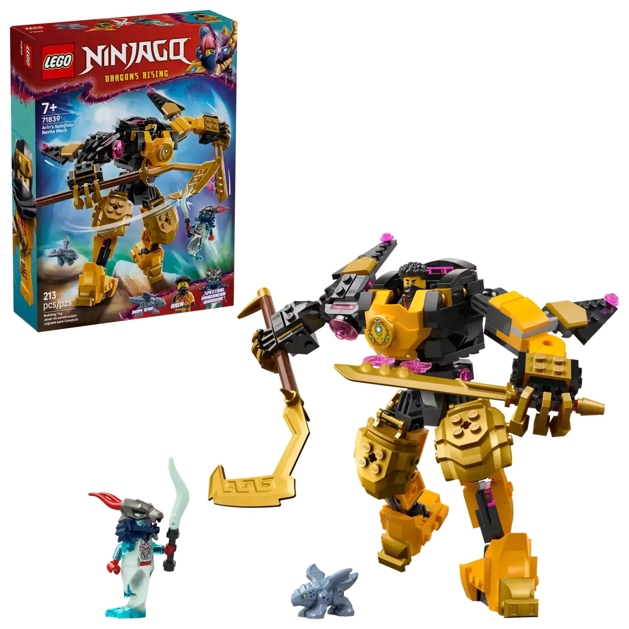 LEGO Ninjago: Arin Spinjitzu harci robotja (71839) doboza és a teljes készlet megépítve, a robot, minifigurák és kiegészítők együtt láthatók.